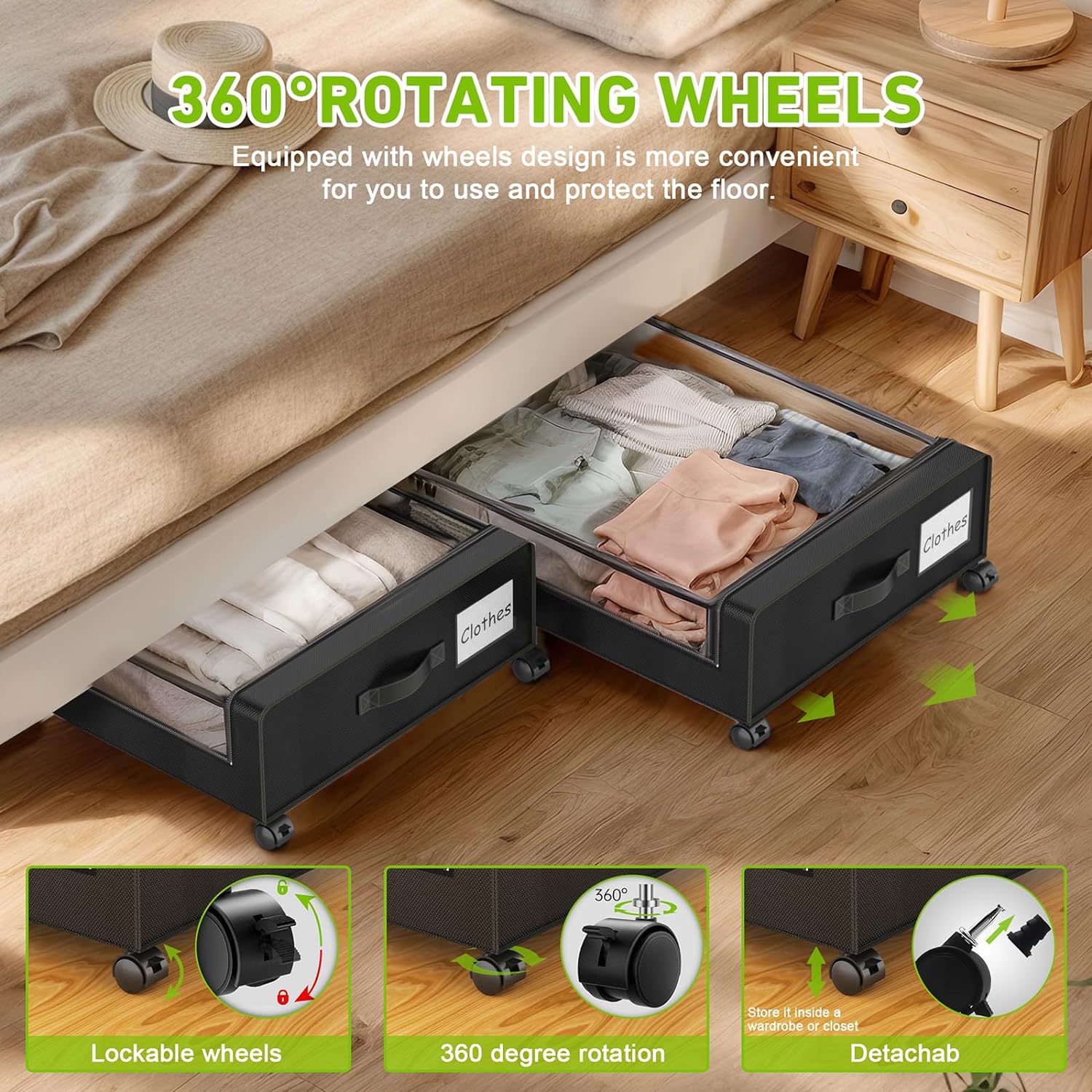 Under Bed Storage with Wheels, 2-Pack Under Bed Storage Containers with Clear Lids - VINE GLOBAL