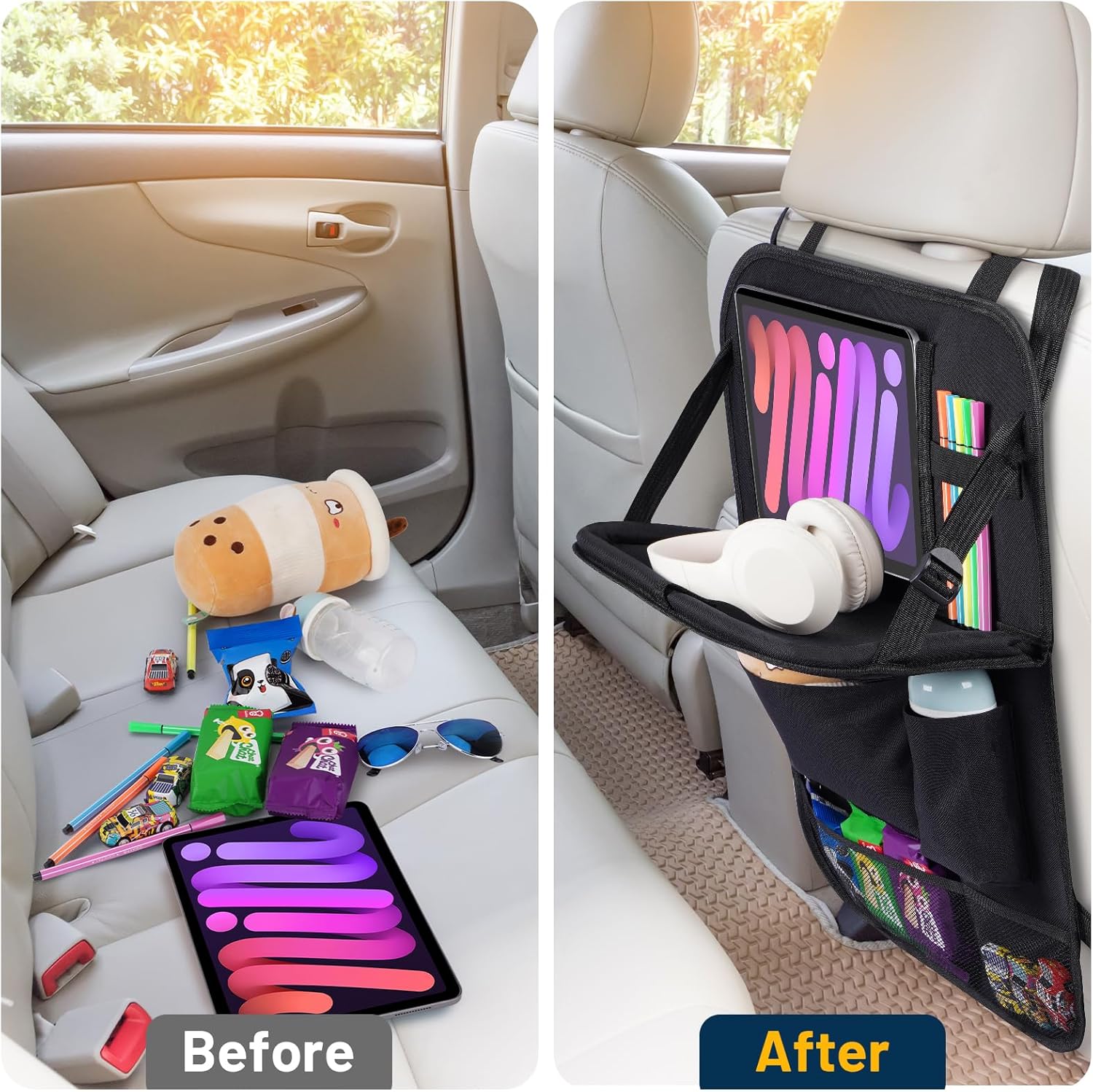 Car Back Seat Organizer with Foldable Table Tray,Backseat Organizers and Storage for kids,Car Seat Back Protectors Kick Mats Travel Accessories,1 Pack VINE GLOBAL