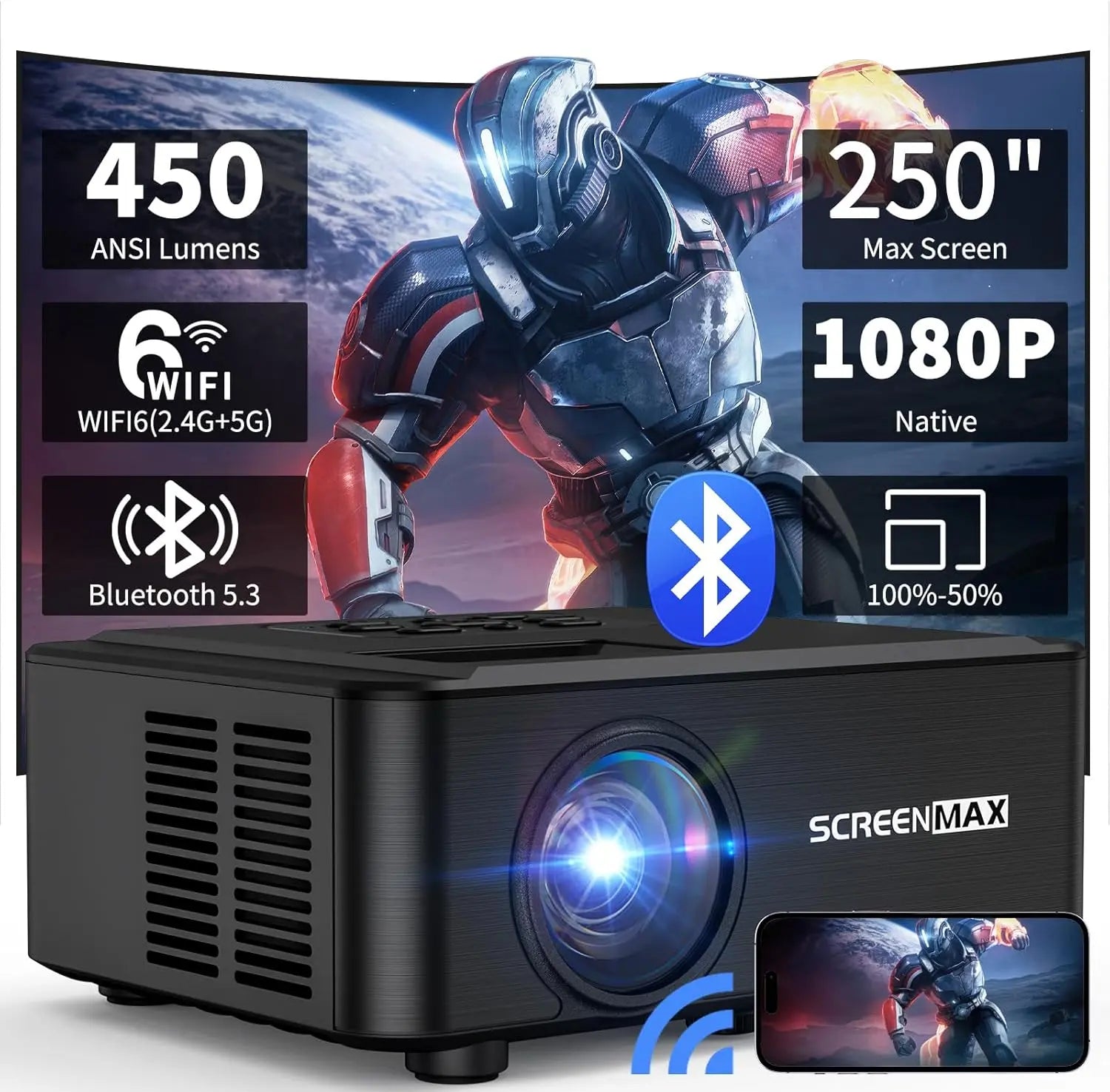 Projector with WIFI and Bluetooth,Native 1080P Projector,2024 450 ANSI Portable Movie Projector for Outdoor Use,Zoom Function,Home Video Led Projector Compatible with Iphone/Android/Tv Stick VINE GLOBAL