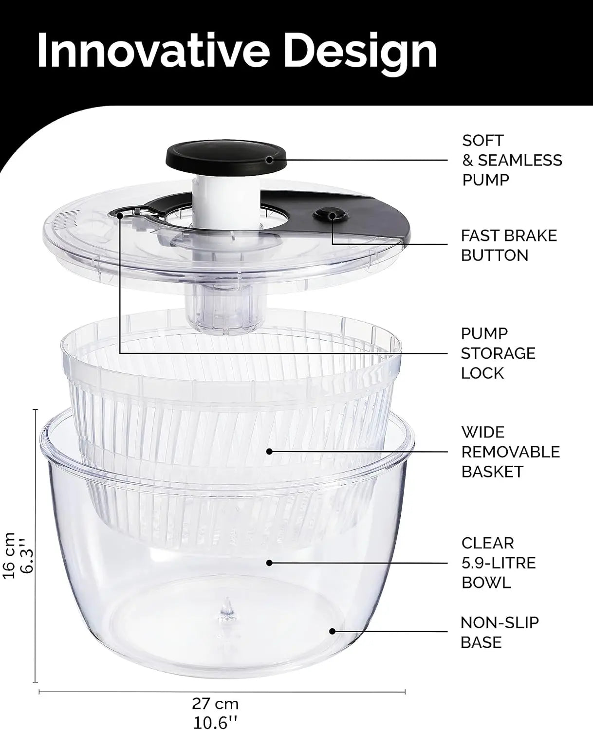 Joined Large Pump Salad Spinner with Drain, Bowl, and Colander - Quick and Easy Multi-Use Lettuce Spinner, Vegetable Dryer, Fruit Washer, Pasta and Fries Spinner - 6.33 Qt (Black) VINE GLOBAL