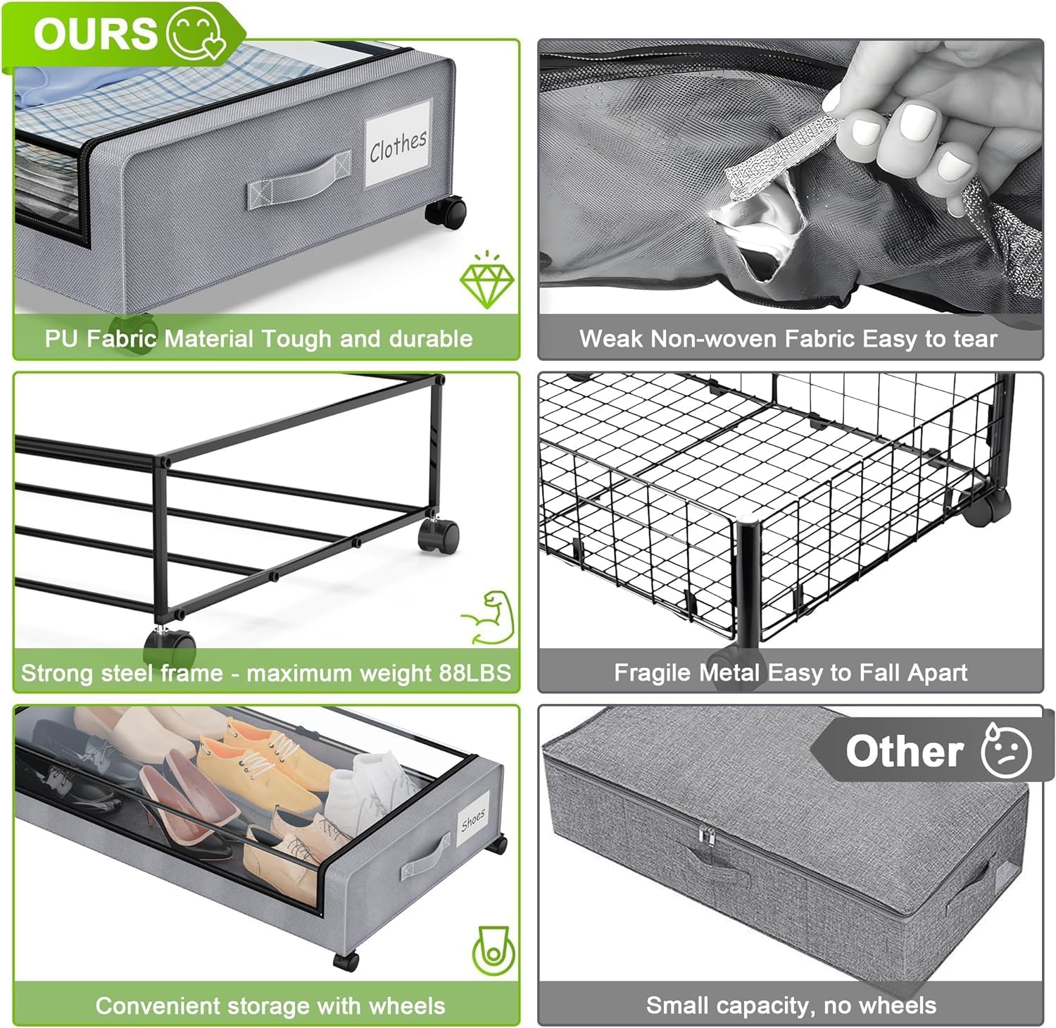 Under Bed Storage with Wheels, 2-Pack Under Bed Storage Containers with Clear Lids - VINE GLOBAL