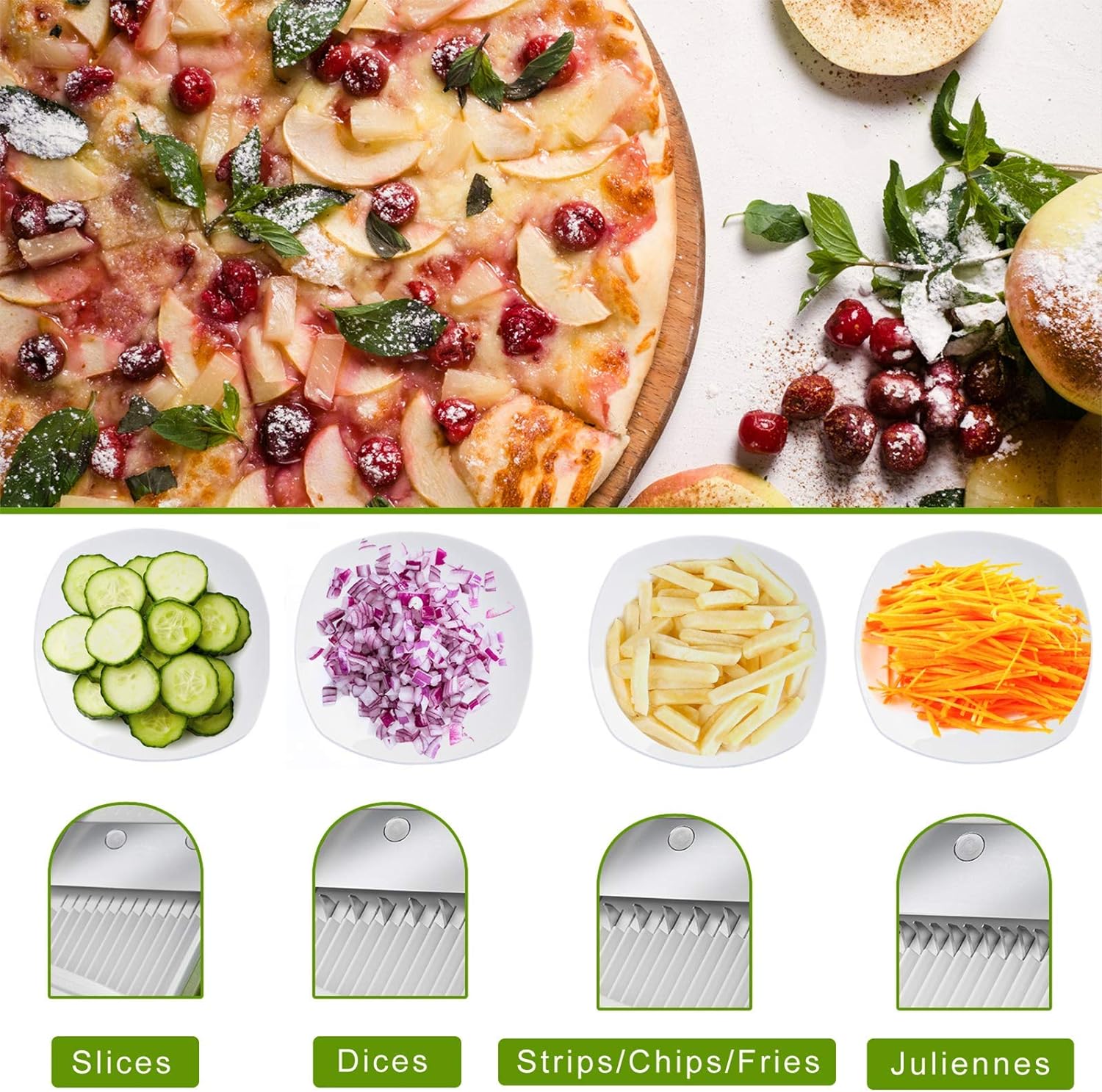 ONCE FOR ALL Safe Mandoline Slicer 5 in 1 Vegetable Chopper Food Potato Cutter, Strips Julienne Dicer Adjustable Thickness 0.1-8 mm Kitchen Chopping Artifact Fast Meal Prep (Gray) - VINE GLOBAL