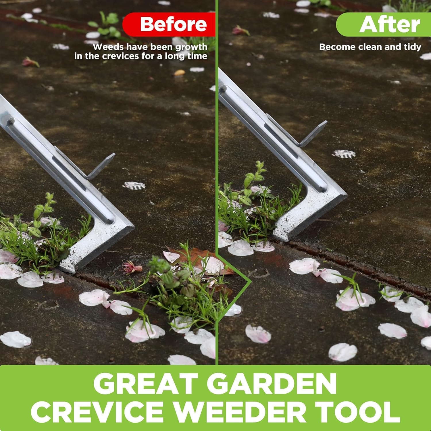 Crack Weeder, 12" Stainless Steel Crevice Weeding Tool with Beech Wood Handle, L-Shaped Side-Walk Weed Puller Spatula, for Garden Lawn Yard Patio Terrace Paving Moss, Small Gardening Tool - VINE GLOBAL