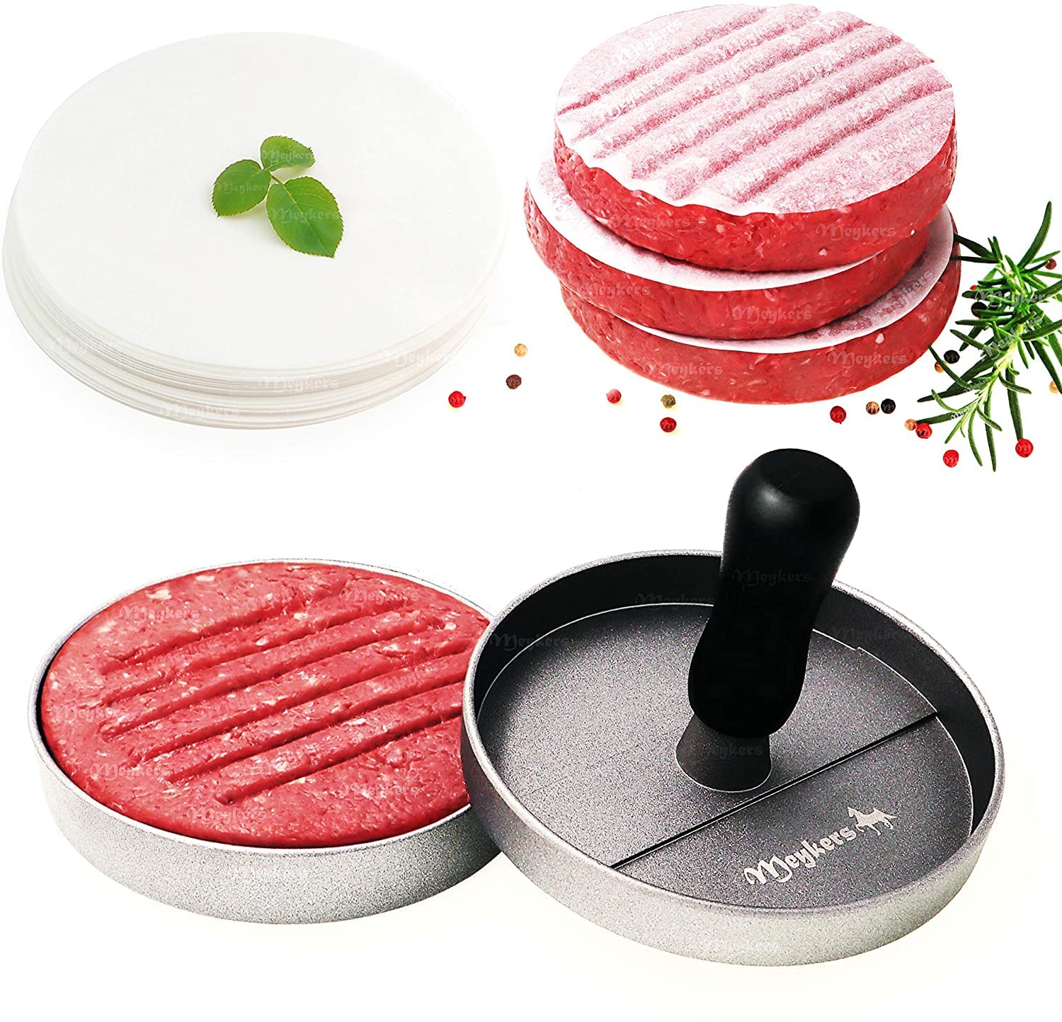 Burger Press 100 Patty Papers Set | Non-Stick Hamburger Mold with Free Wax Patty Paper Sheets - VINE GLOBAL