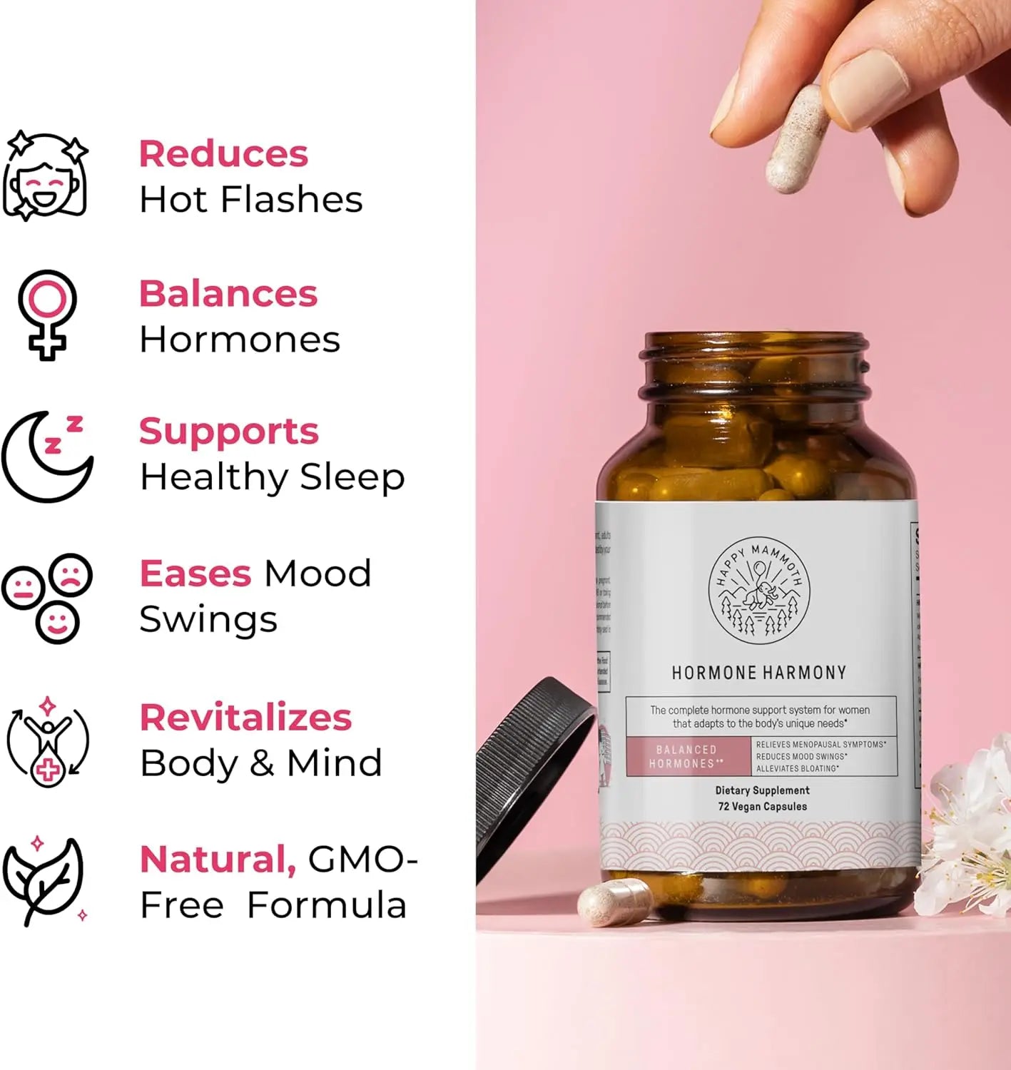 Happy Mammoth Hormone Harmony Natural Hormonal Support for Women, Relief for Menopause, Perimenopause, Healthy Hormonal Balance, Hot Flashes. 72 Capsules VINE GLOBAL