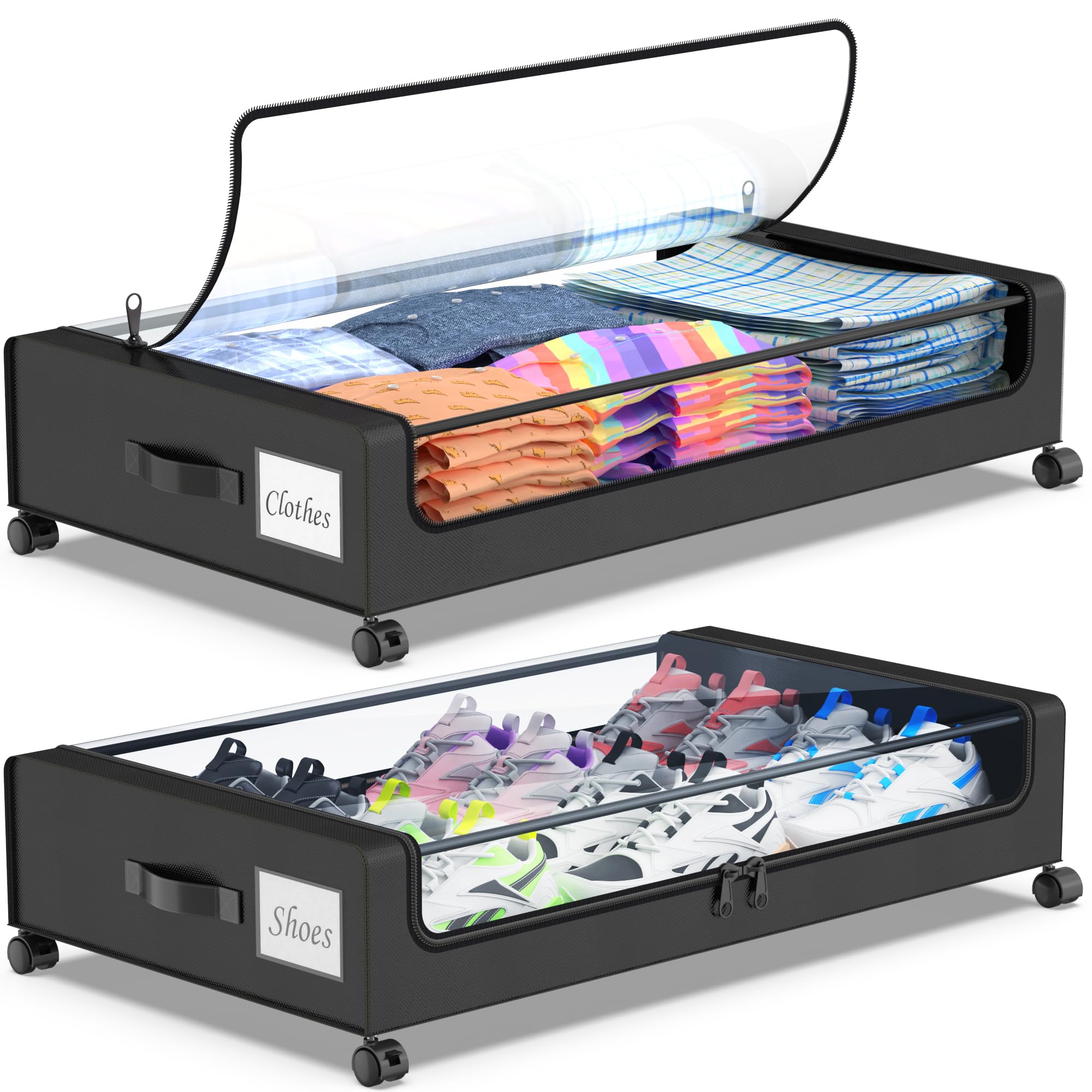 Under Bed Storage with Wheels, 2-Pack Under Bed Storage Containers with Clear Lids - VINE GLOBAL