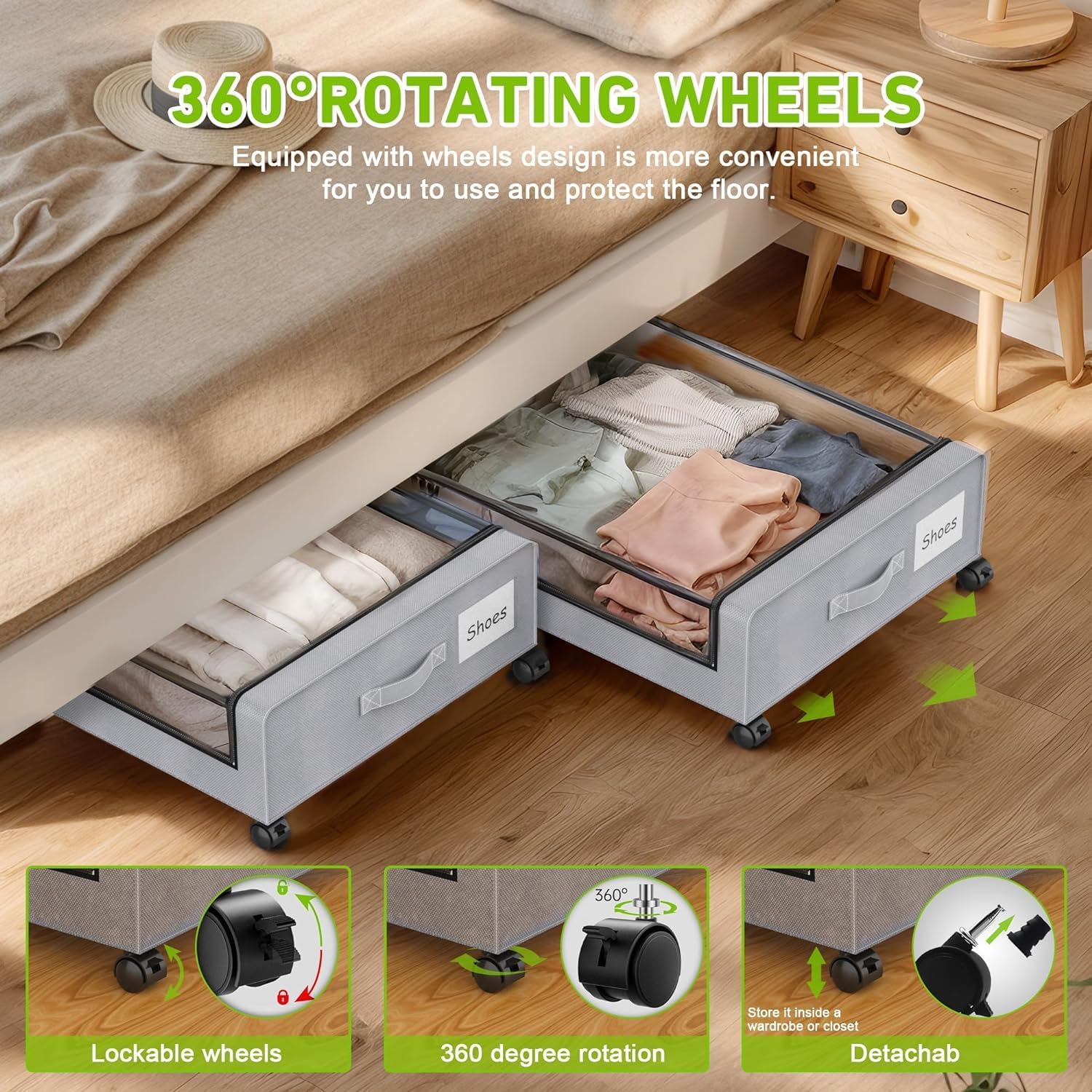 Under Bed Storage with Wheels, 2-Pack Under Bed Storage Containers with Clear Lids - VINE GLOBAL