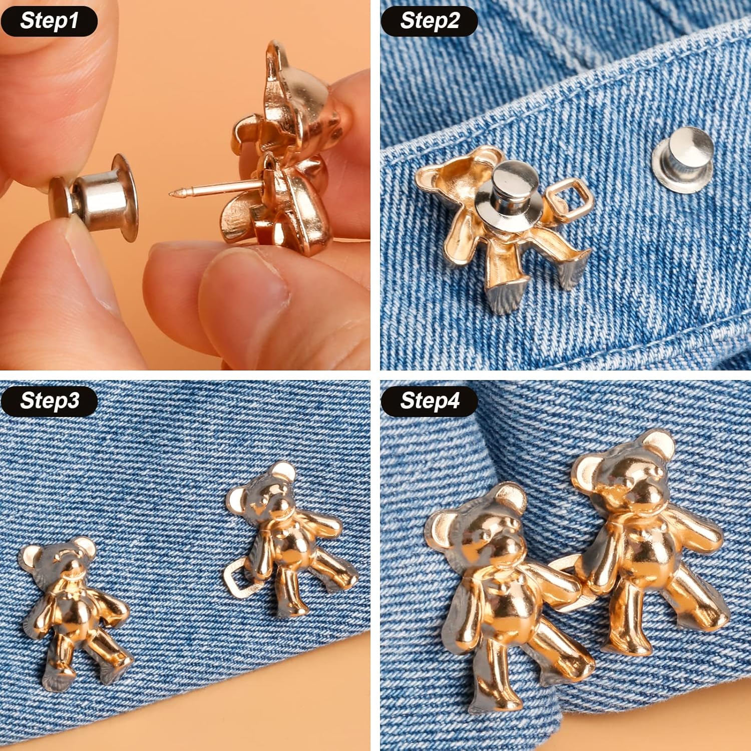 Pant Waist Tightener, Detachable Jean Buttons for Loose Jeans, Adjustable Jean Buttons Pins, 4 Sets - VINE GLOBAL