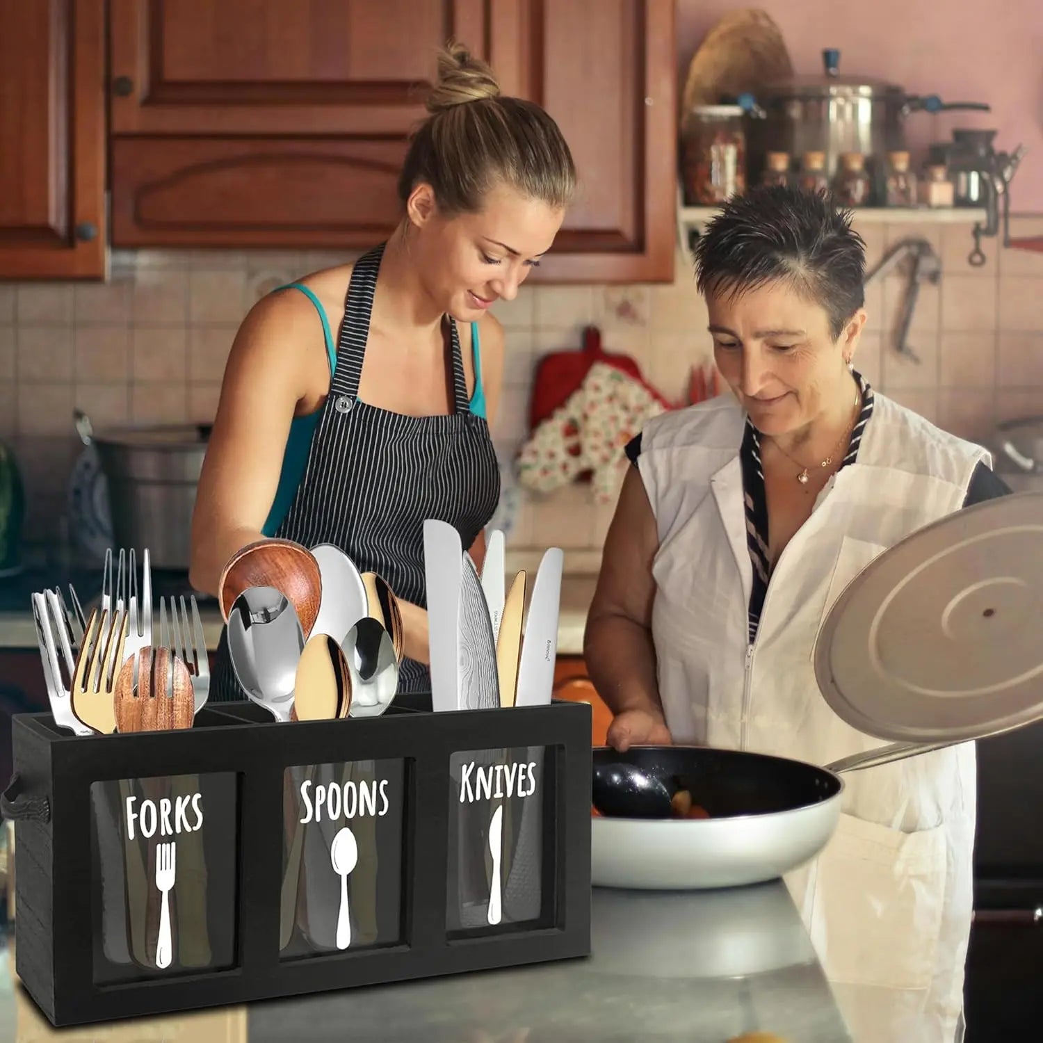 Wooden Cutlery Caddy, Kitchen Countertop Organizer, Spoon And Fork Holder With Handles, Silverware Organizer, Utensil & Flatware Holder For Party (Black) VINE GLOBAL