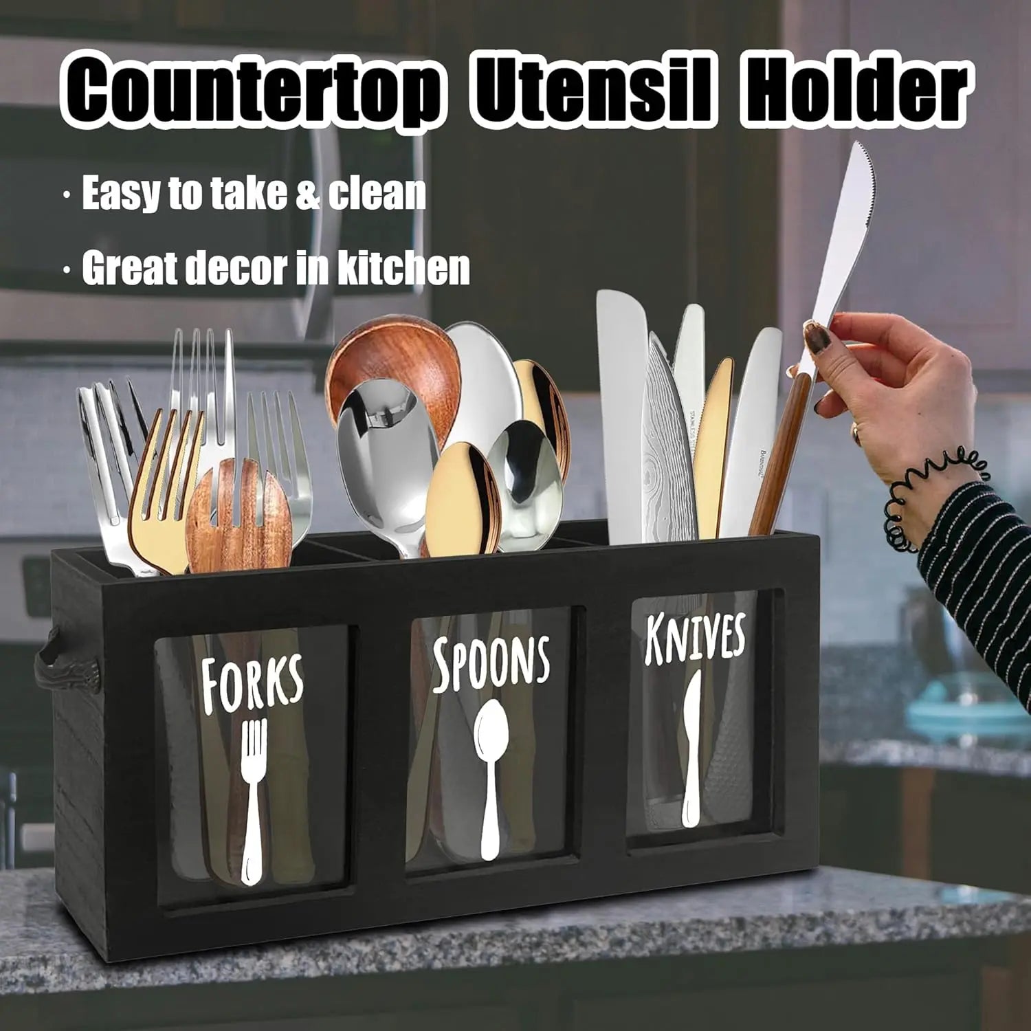 Wooden Cutlery Caddy, Kitchen Countertop Organizer, Spoon And Fork Holder With Handles, Silverware Organizer, Utensil & Flatware Holder For Party (Black) VINE GLOBAL