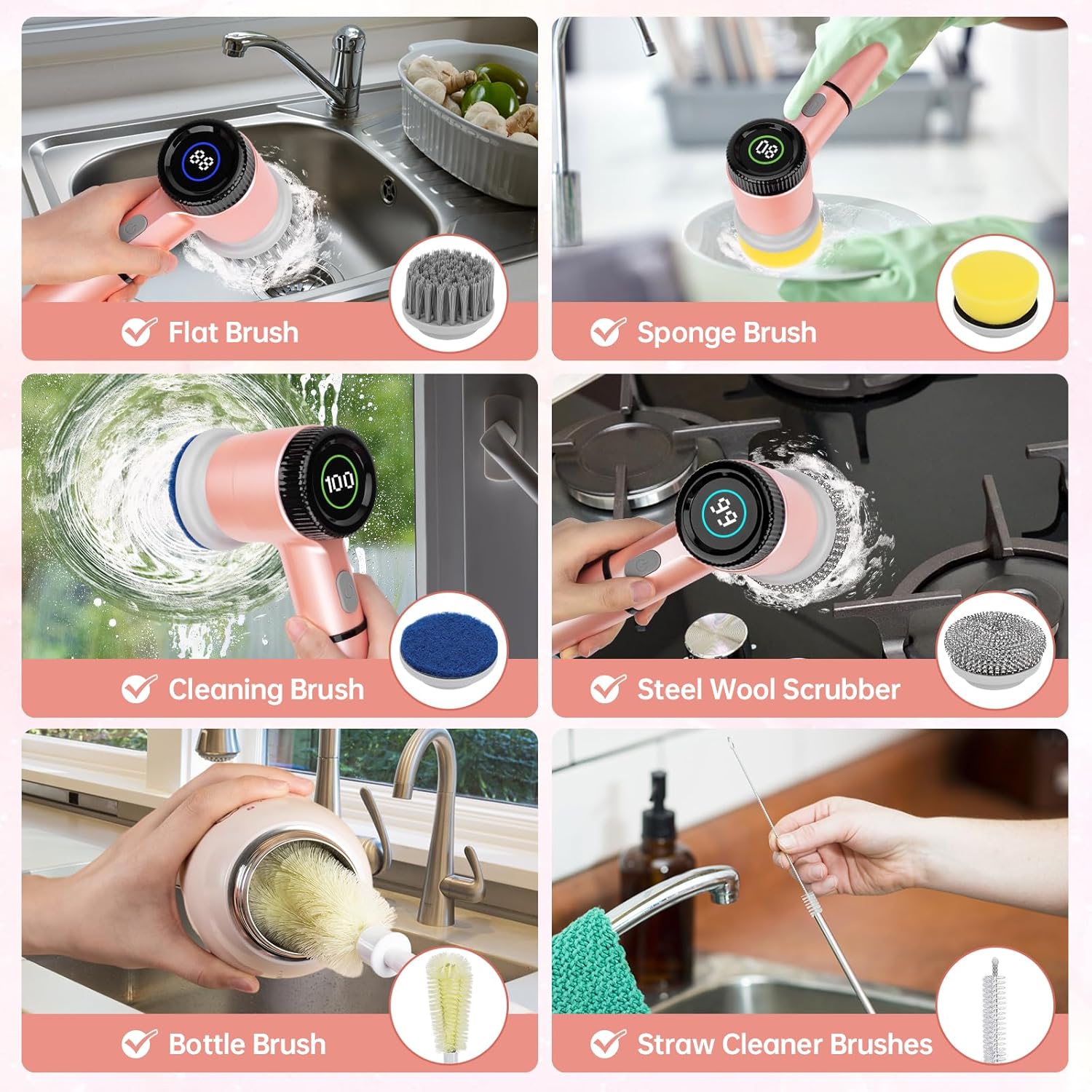 Pink Electric Spin Scrubber, Cordless Handheld Spin Kitchen Scrubber with Replaceable Cleaning Brush Heads, 15 Piece Electric Scrubber for Cleaning with LED Display - VINE GLOBAL