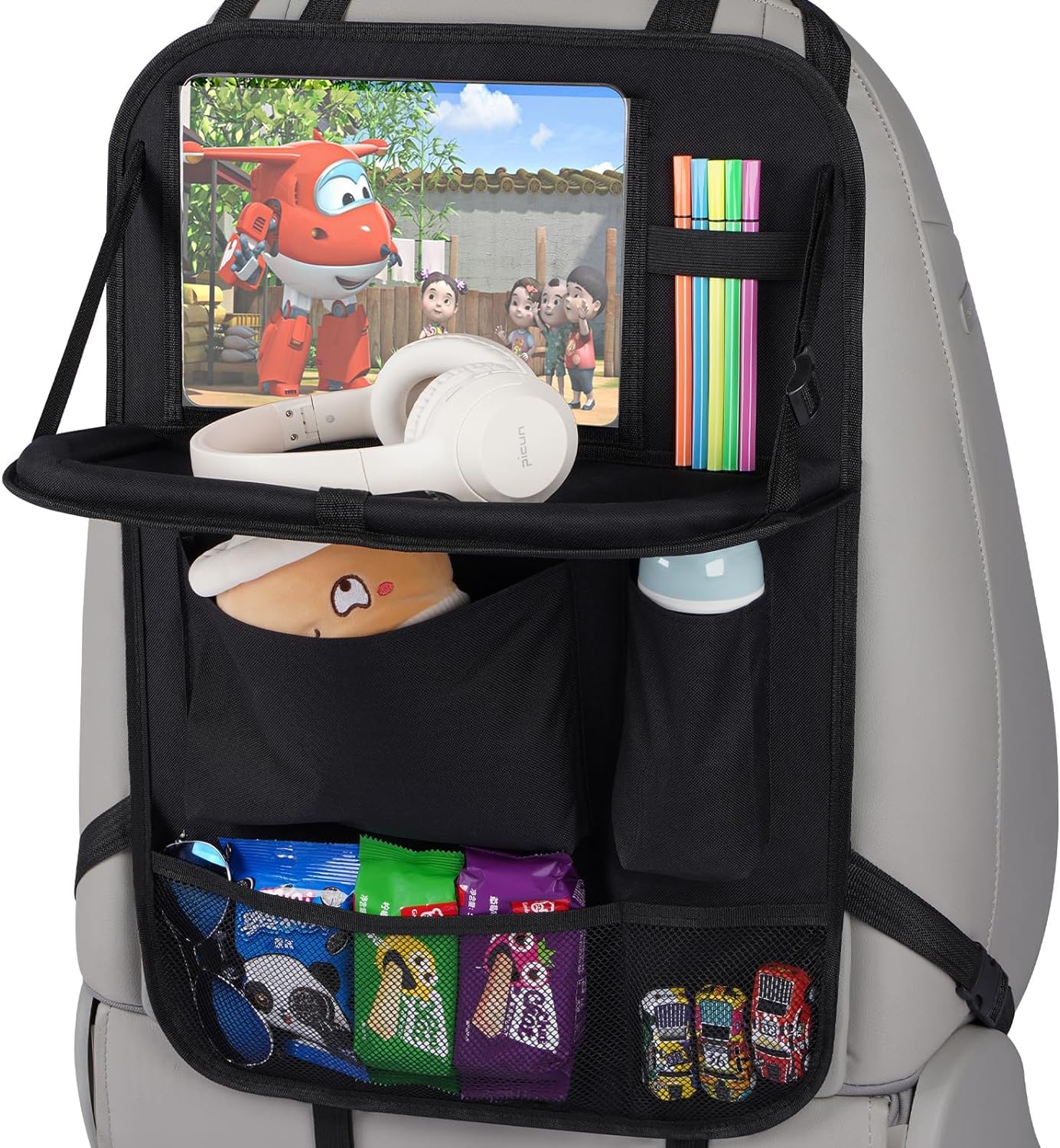 Car Back Seat Organizer with Foldable Table Tray,Backseat Organizers and Storage for kids,Car Seat Back Protectors Kick Mats Travel Accessories,1 Pack VINE GLOBAL