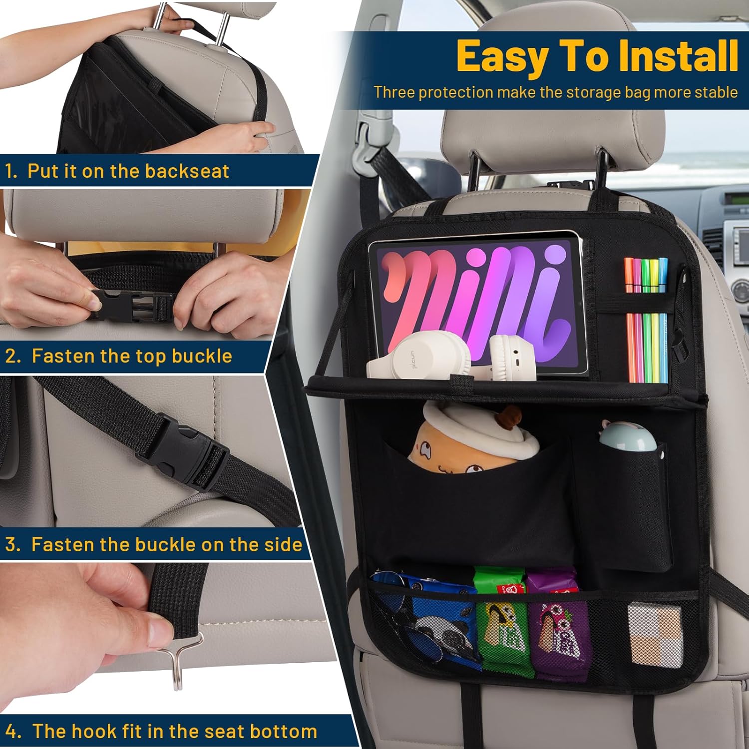 Car Back Seat Organizer with Foldable Table Tray,Backseat Organizers and Storage for kids,Car Seat Back Protectors Kick Mats Travel Accessories,1 Pack VINE GLOBAL