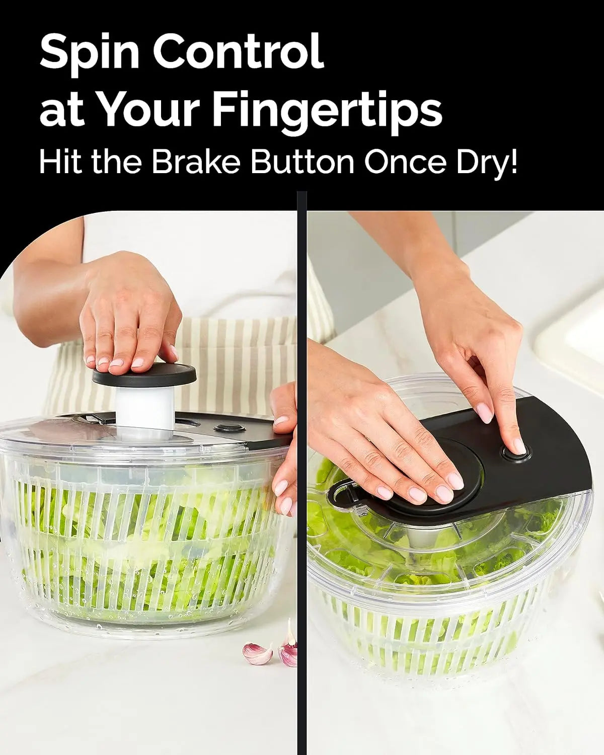 Joined Large Pump Salad Spinner with Drain, Bowl, and Colander - Quick and Easy Multi-Use Lettuce Spinner, Vegetable Dryer, Fruit Washer, Pasta and Fries Spinner - 6.33 Qt (Black) VINE GLOBAL