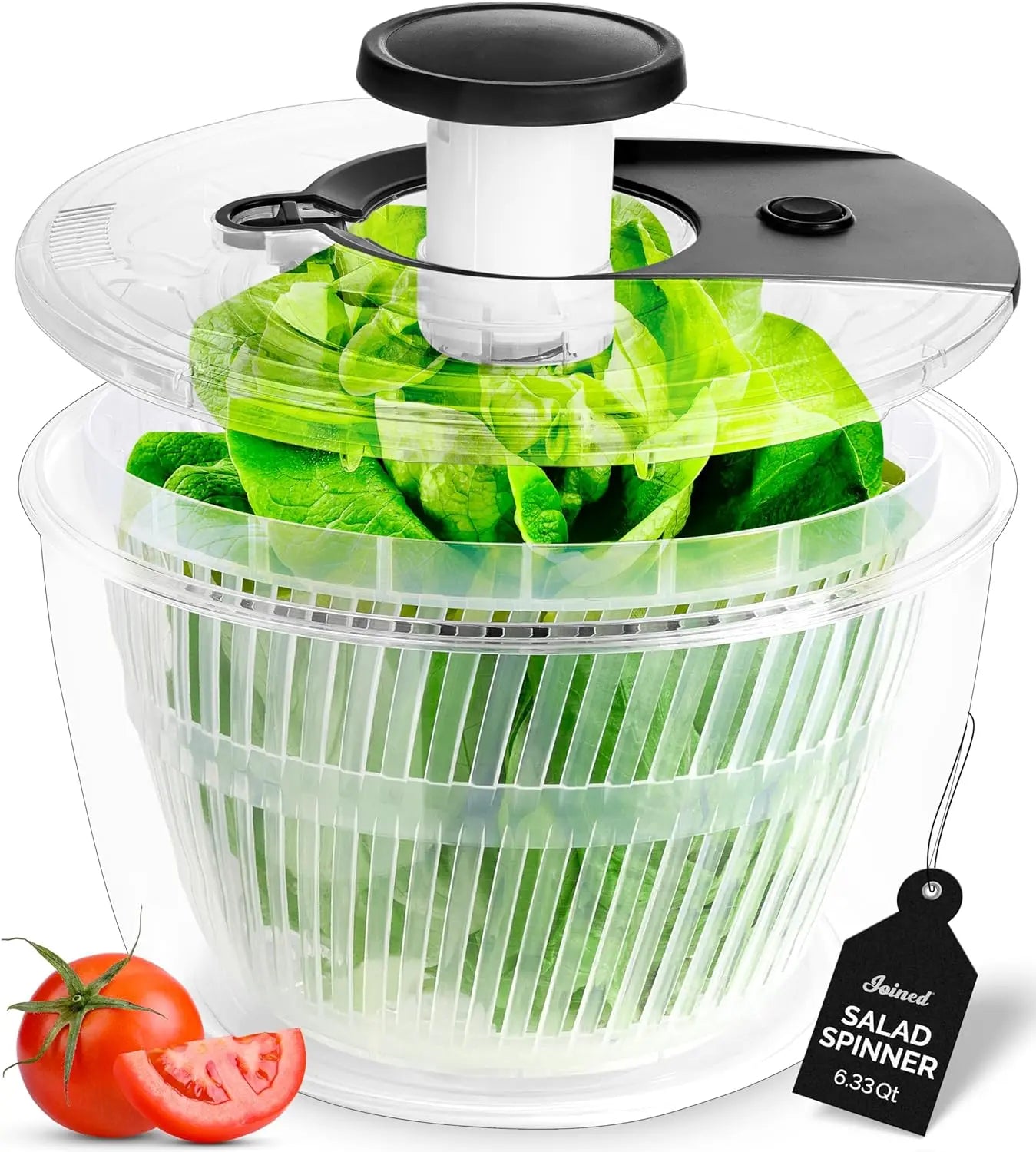 Joined Large Pump Salad Spinner with Drain, Bowl, and Colander - Quick and Easy Multi-Use Lettuce Spinner, Vegetable Dryer, Fruit Washer, Pasta and Fries Spinner - 6.33 Qt (Black) VINE GLOBAL