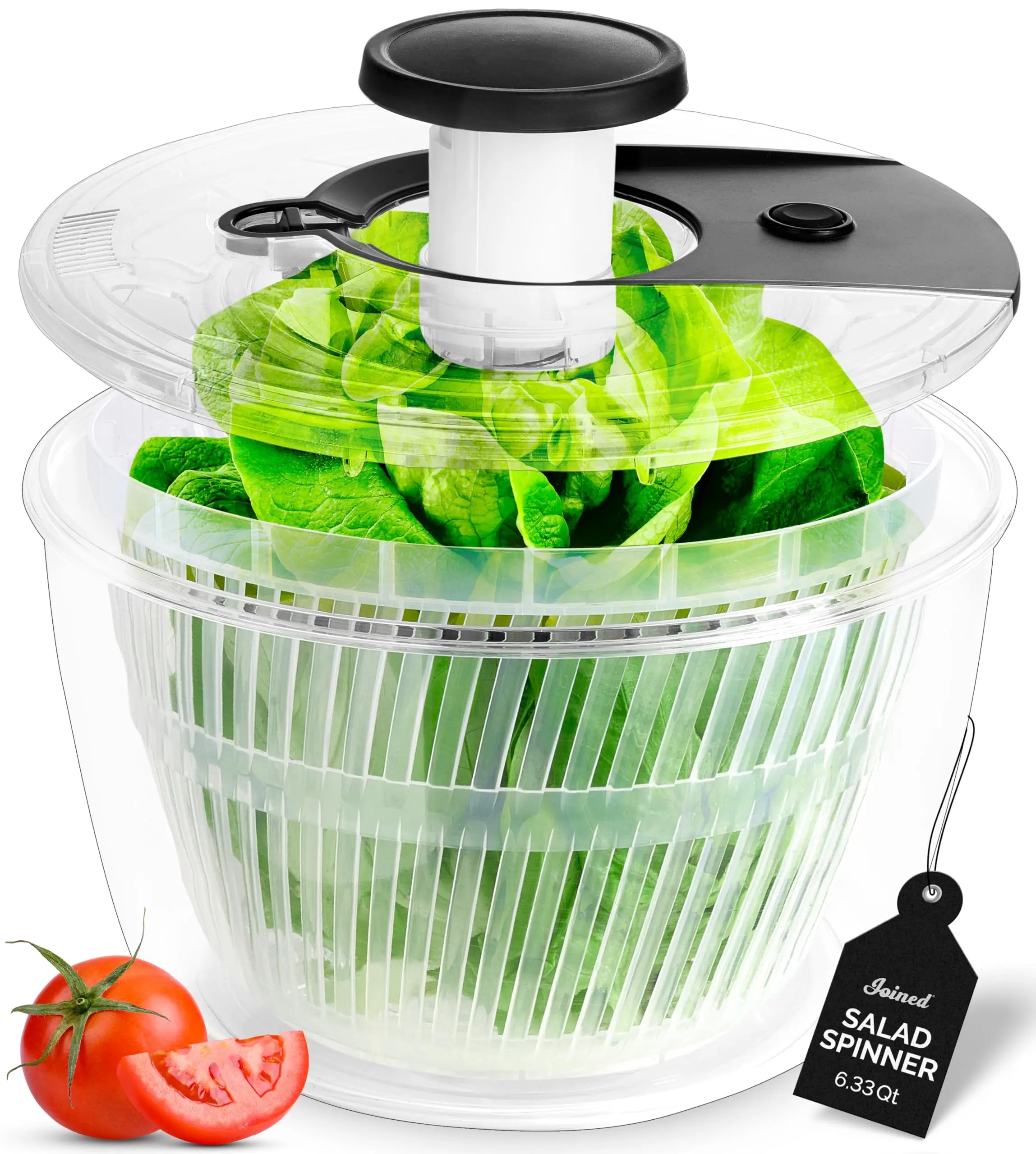 Joined Large Pump Salad Spinner with Drain, Bowl, and Colander - Quick and Easy Multi-Use Lettuce Spinner, Vegetable Dryer, Fruit Washer, Pasta and Fries Spinner - 6.33 Qt (Black) VINE GLOBAL