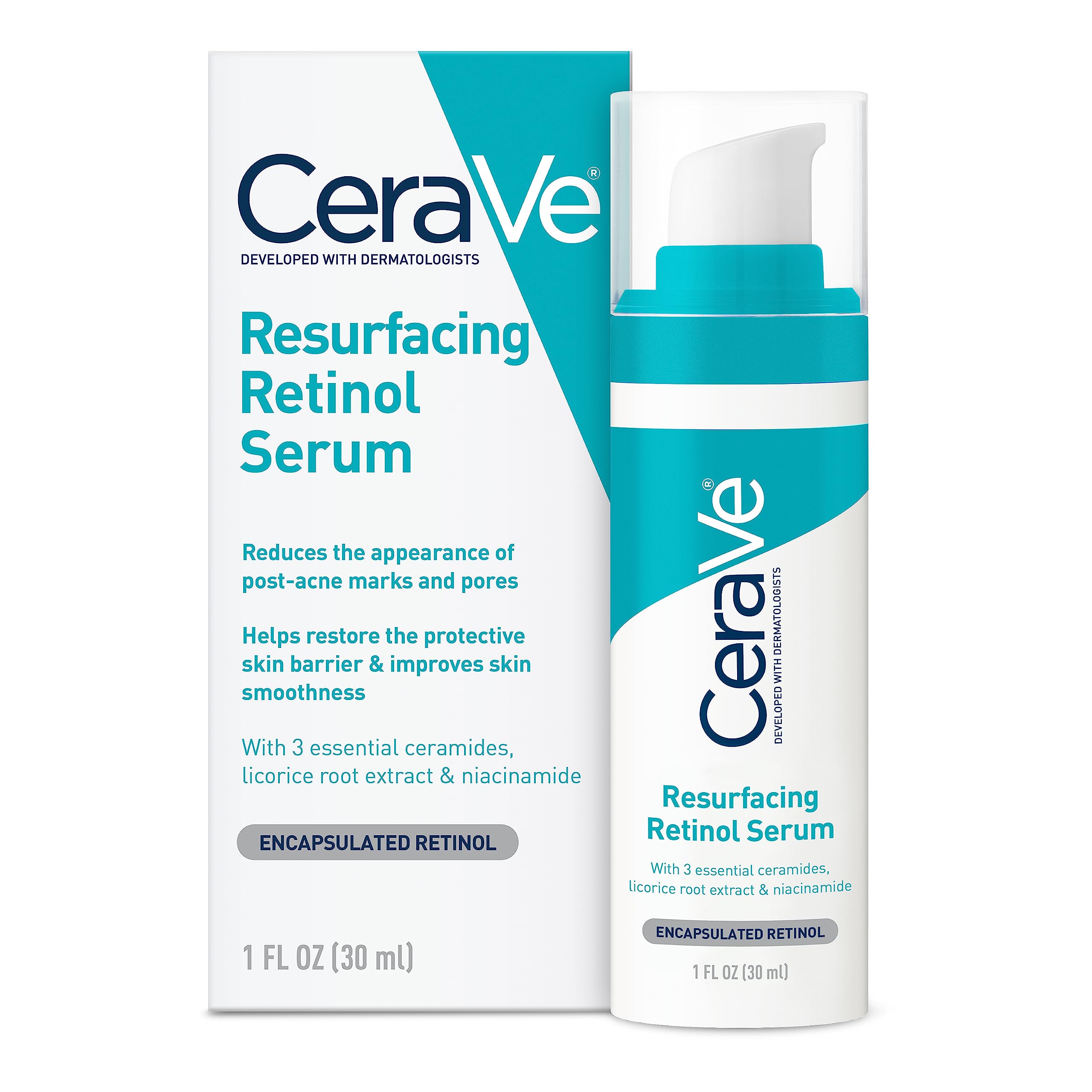 CeraVe Retinol Serum for Post-Acne Marks and Skin Texture | Pore Refining, Resurfacing, Brightening Facial Serum with Retinol and Niacinamide | Fragrance Free, Paraben Free & Non-Comedogenic| 1 Oz - VINE GLOBAL