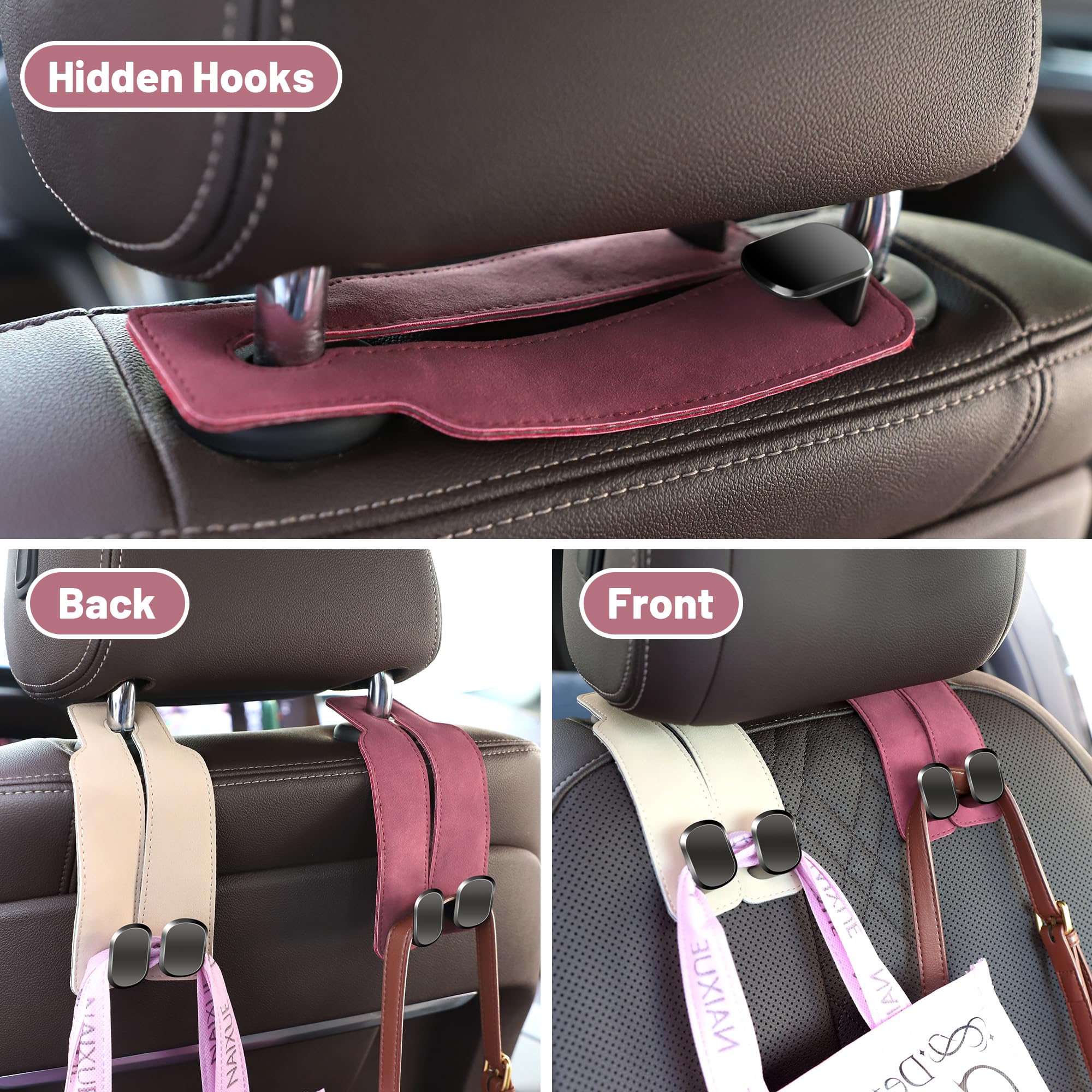 Amelity Car Hooks for Headrest, Car Seat Back Storage Hook for Headrest, Headrest Hooks for Purses and Bags, Car Hooks Leather (Black-2 Pack) - VINE GLOBAL