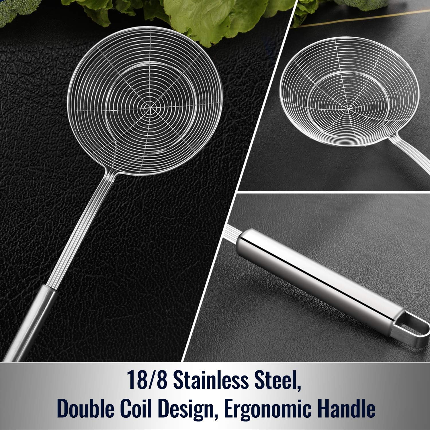 Hiware Solid Stainless Steel Spider Strainer Skimmer Ladle for Cooking and Frying, Kitchen Utensils Wire Strainer Pasta Strainer Spoon, 5.4 Inch VINE GLOBAL