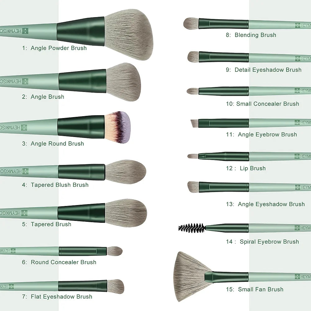 Makeup Brushes 15Pcs Makeup Brush Set Premium Synthetic Bristles Green Color Conical Handle Kabuki Foundation Brush Face Lip Eye Makeup Sets Professional with Portable Drawstring Flannel Bag