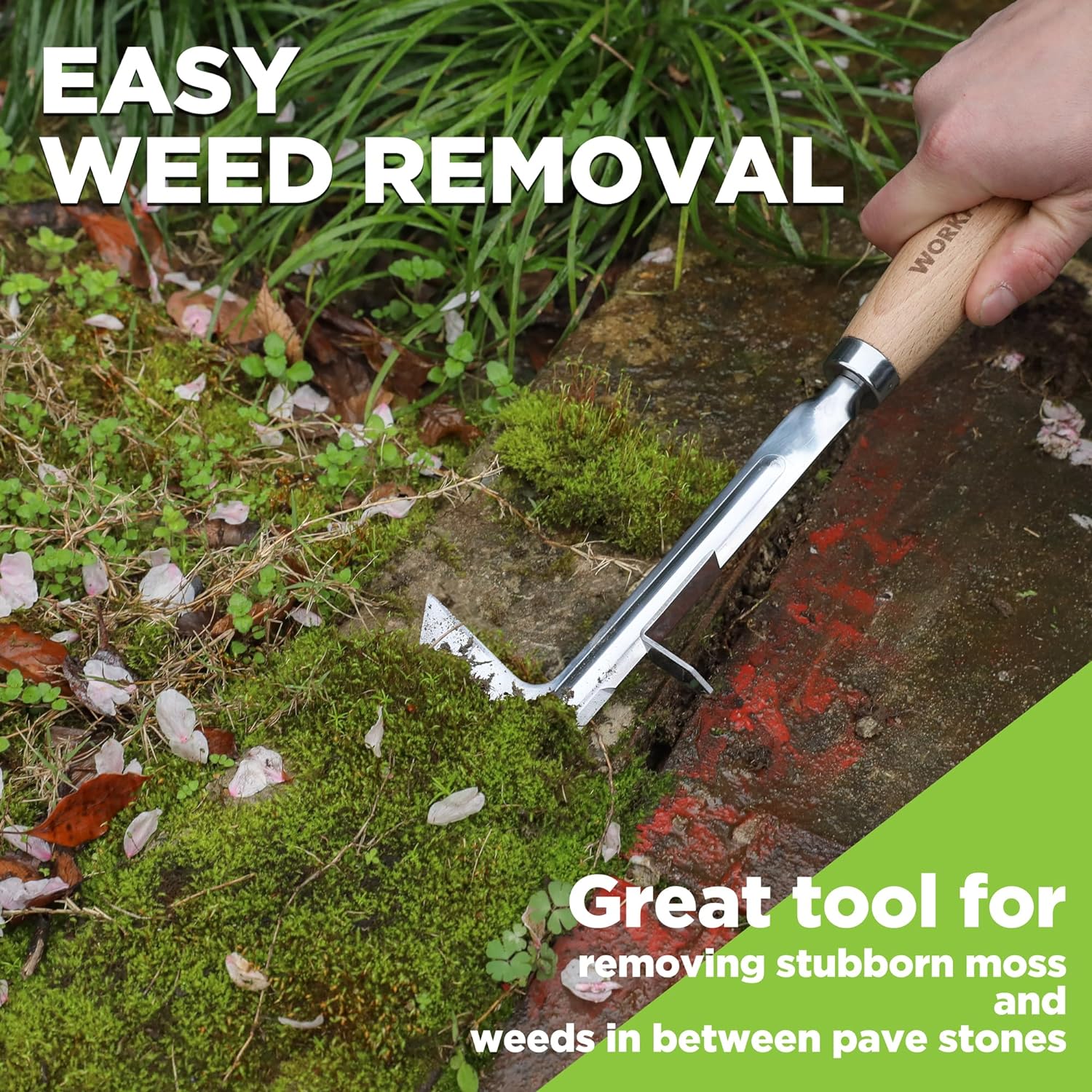 Crack Weeder, 12" Stainless Steel Crevice Weeding Tool with Beech Wood Handle, L-Shaped Side-Walk Weed Puller Spatula, for Garden Lawn Yard Patio Terrace Paving Moss, Small Gardening Tool - VINE GLOBAL