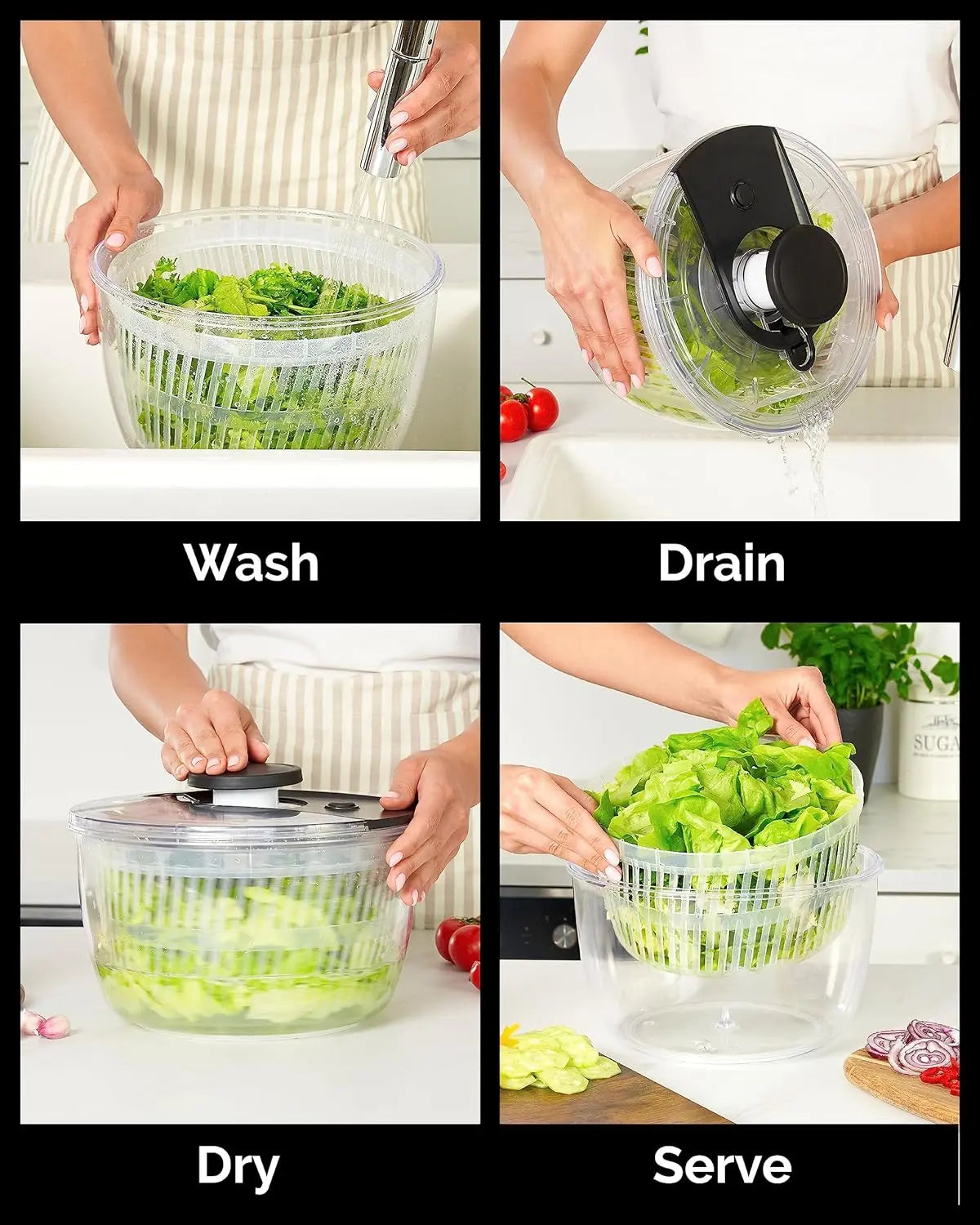 Joined Large Pump Salad Spinner with Drain, Bowl, and Colander - Quick and Easy Multi-Use Lettuce Spinner, Vegetable Dryer, Fruit Washer, Pasta and Fries Spinner - 6.33 Qt (Black) VINE GLOBAL