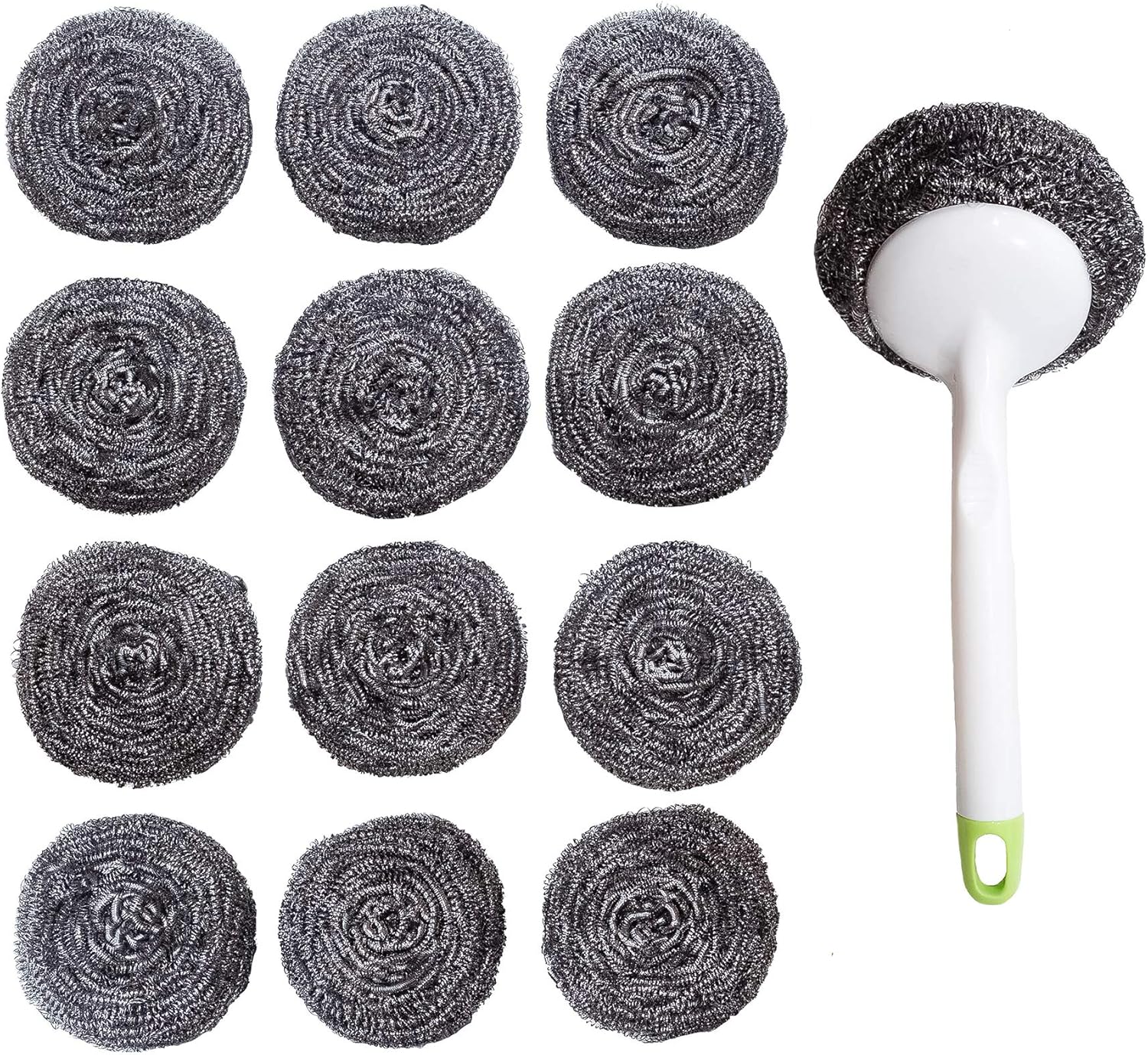 Stainless Steel Sponges Scourer Set with Handle 40 gram - Pack of 12 - Large Stainless Steel Scrubbers - Metal Scouring Pads - Kitchen Cleaning Tool - VINE GLOBAL