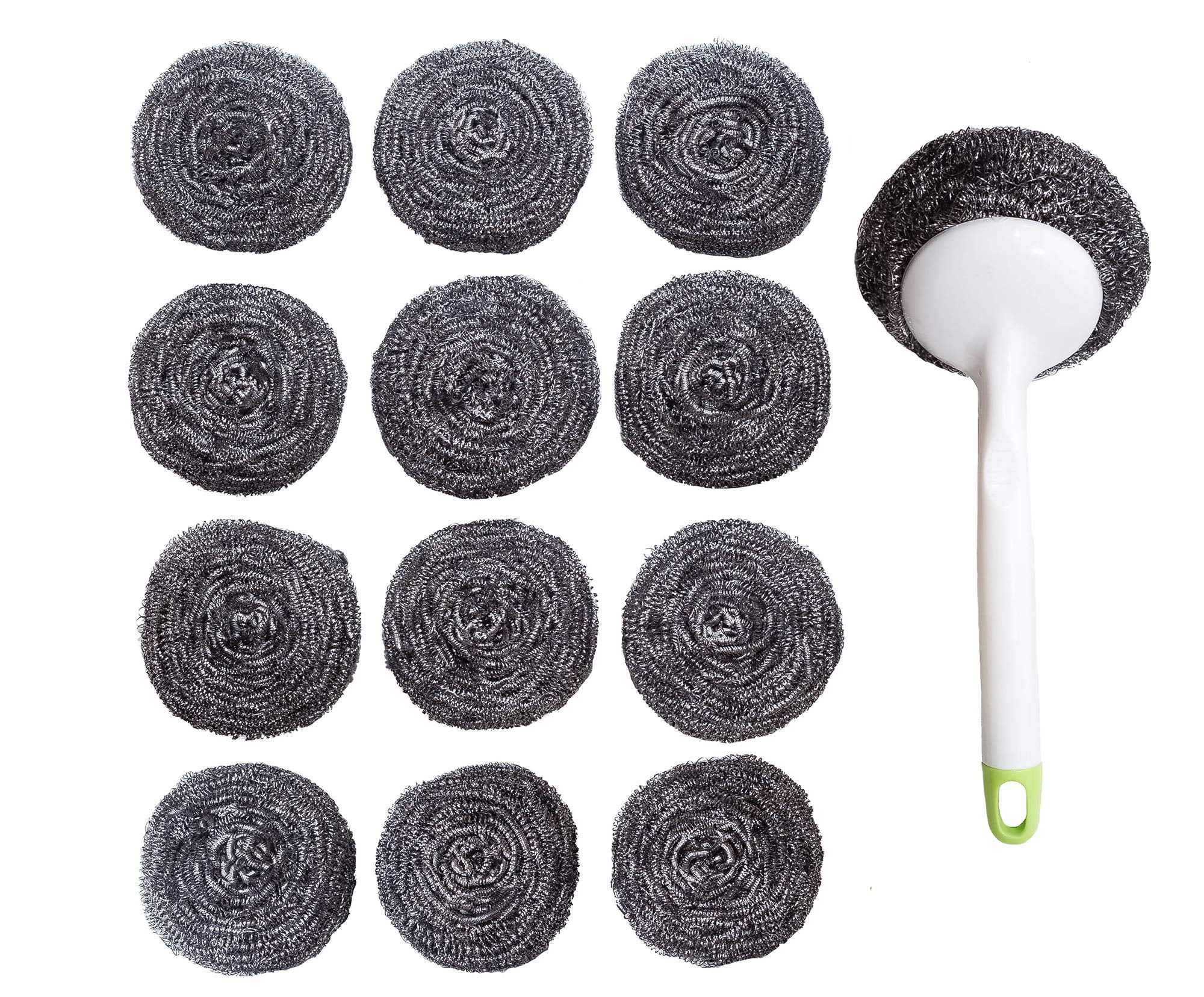 Stainless Steel Sponges Scourer Set with Handle 40 gram - Pack of 12 - Large Stainless Steel Scrubbers - Metal Scouring Pads - Kitchen Cleaning Tool - VINE GLOBAL