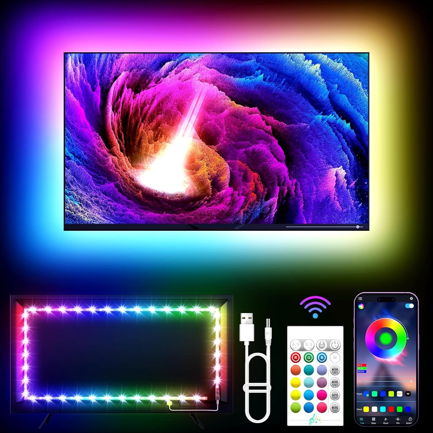 LED Lights for TV, 16.4Ft TV LED Lights for 45-75 Inch, RGB TV Lights Backlight Behind, Music Sync Bluetooth APP and Remote Control TV LED Strip Lights USB Powered for Bedroom/Gaming