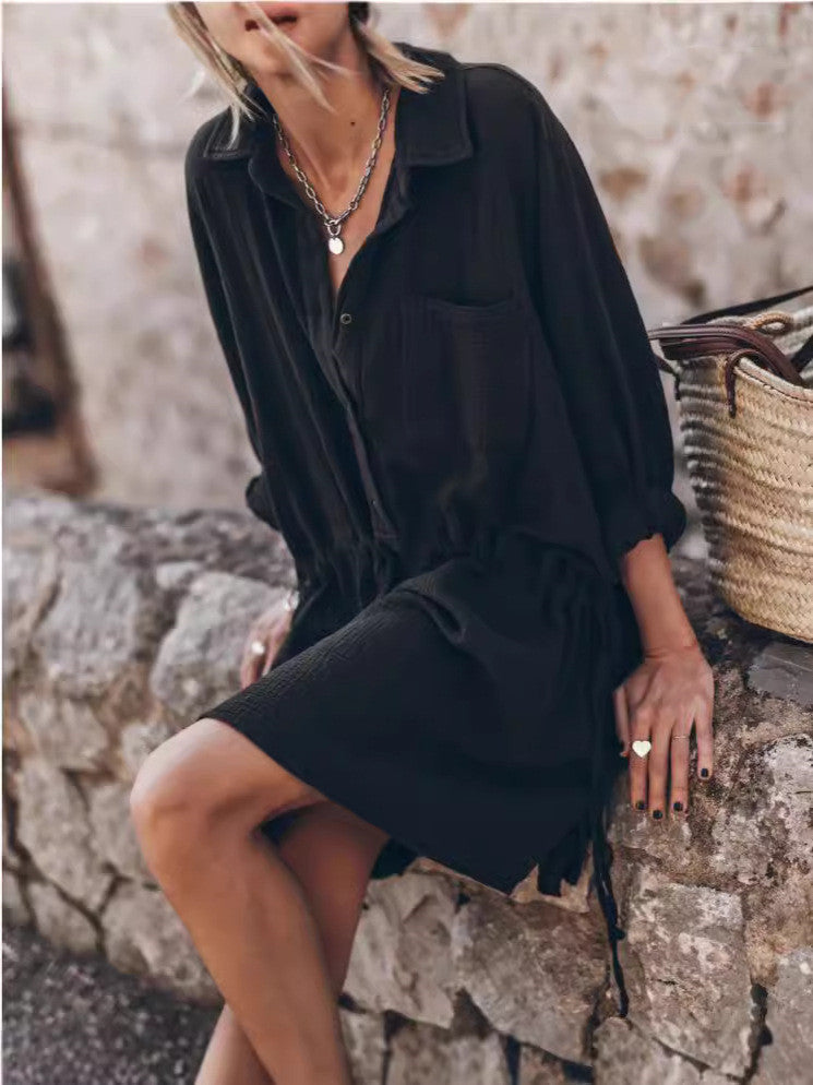 Women's Cotton And Linen V-neck Mid-length Dress - VINE GLOBAL