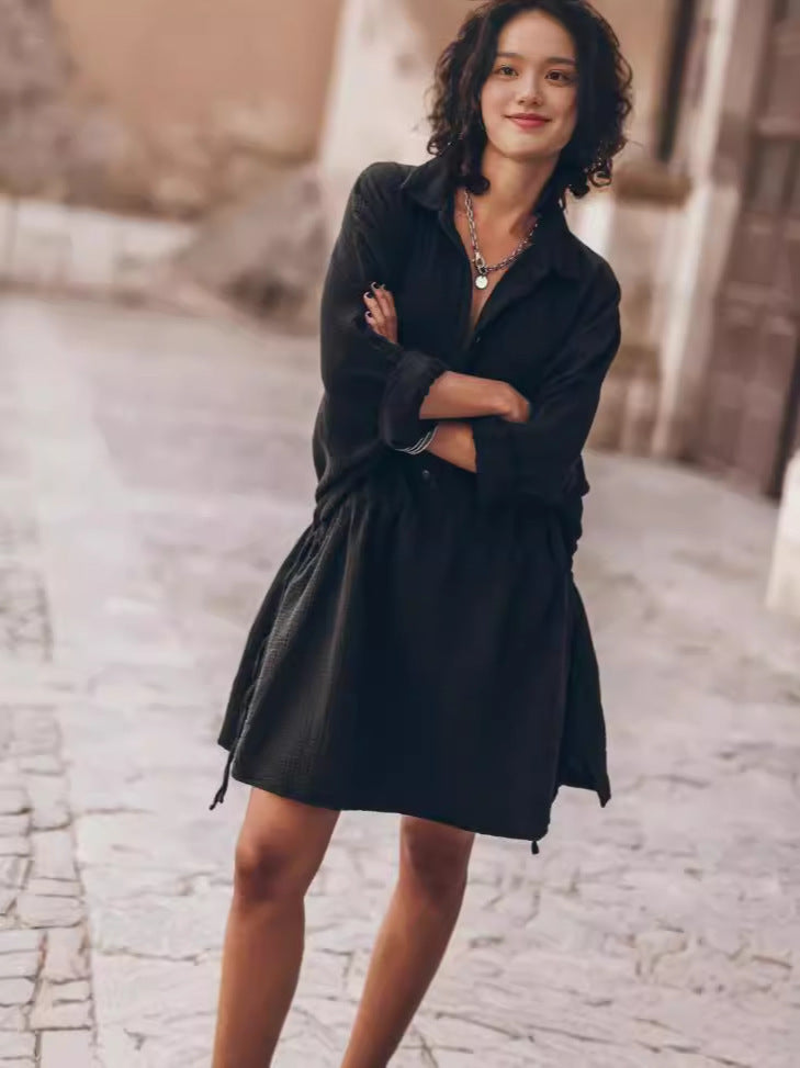 Women's Cotton And Linen V-neck Mid-length Dress - VINE GLOBAL