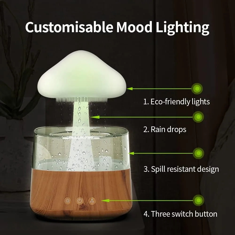 Rain Cloud Humidifier Mushroom Diffuser Raindrop Sound Night Light Cute Lamp Soothing Meditation Relaxing Creative Gift - VINE GLOBAL