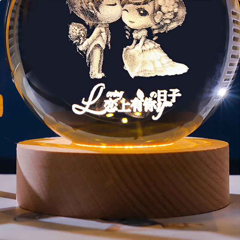 USB Charging 3D Crystal Ball with Base Planetary Galaxy Night Light Creative Birthday Gifts Souvenirs Home Decorations Ornament - VINE GLOBAL