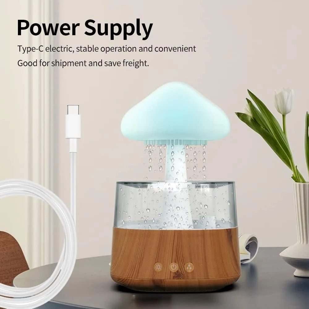 Rain Cloud Humidifier Mushroom Diffuser Raindrop Sound Night Light Cute Lamp Soothing Meditation Relaxing Creative Gift - VINE GLOBAL