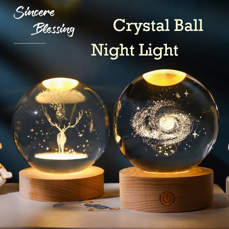 USB Charging 3D Crystal Ball with Base Planetary Galaxy Night Light Creative Birthday Gifts Souvenirs Home Decorations Ornament - VINE GLOBAL