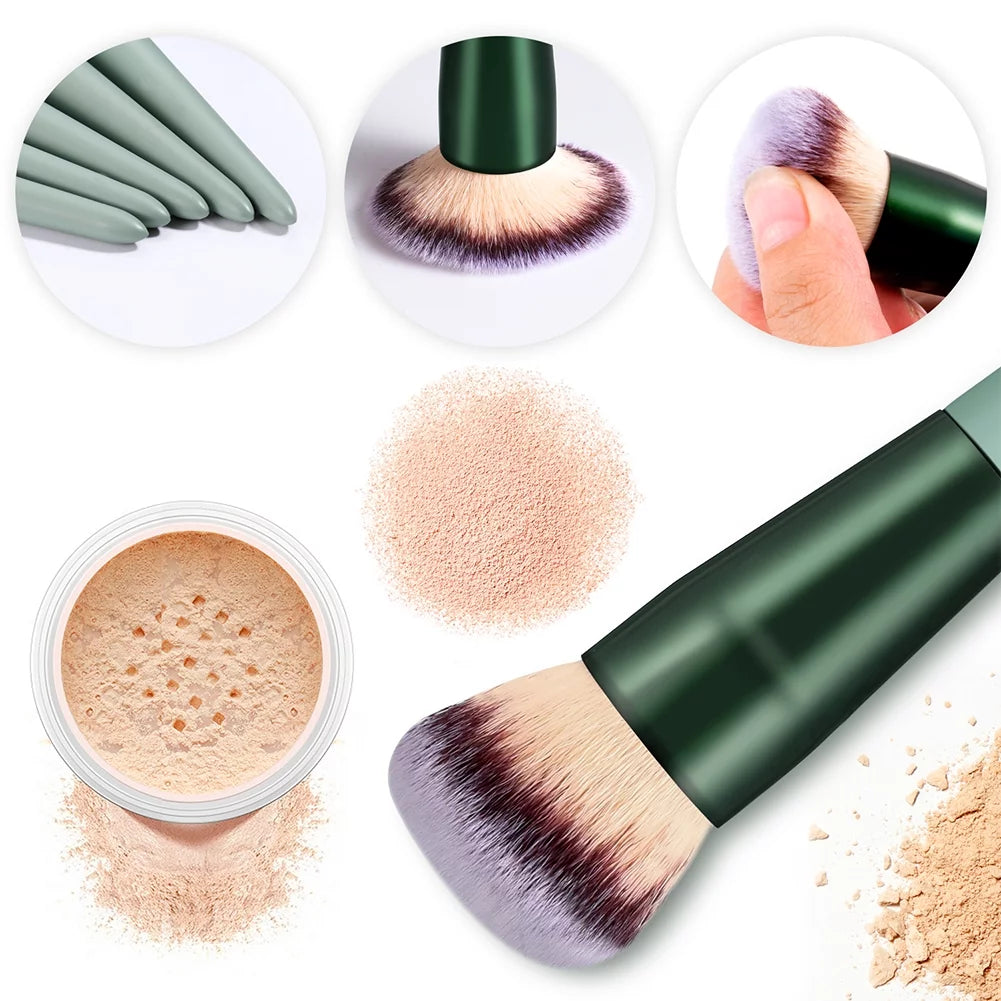 Makeup Brushes 15Pcs Makeup Brush Set Premium Synthetic Bristles Green Color Conical Handle Kabuki Foundation Brush Face Lip Eye Makeup Sets Professional with Portable Drawstring Flannel Bag