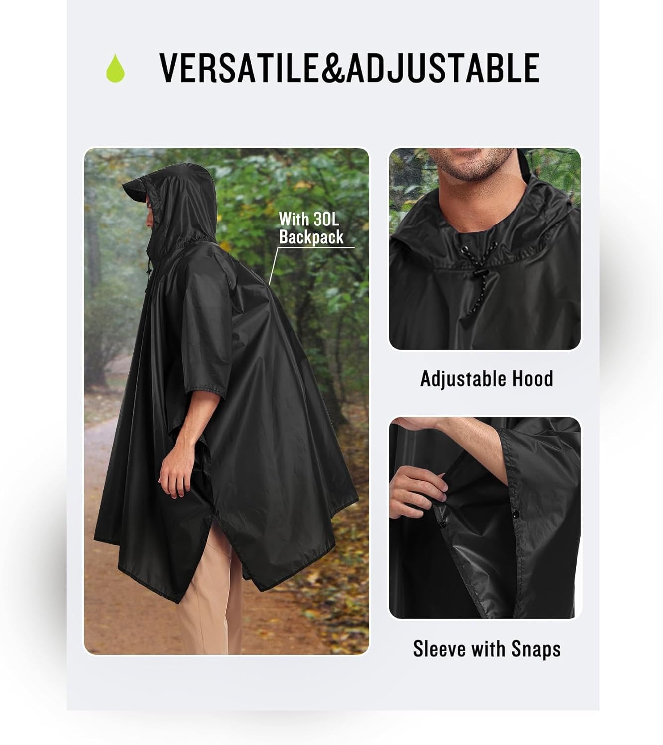 Hooded Rain Poncho Waterproof Raincoat Jacket for Men Women Adults