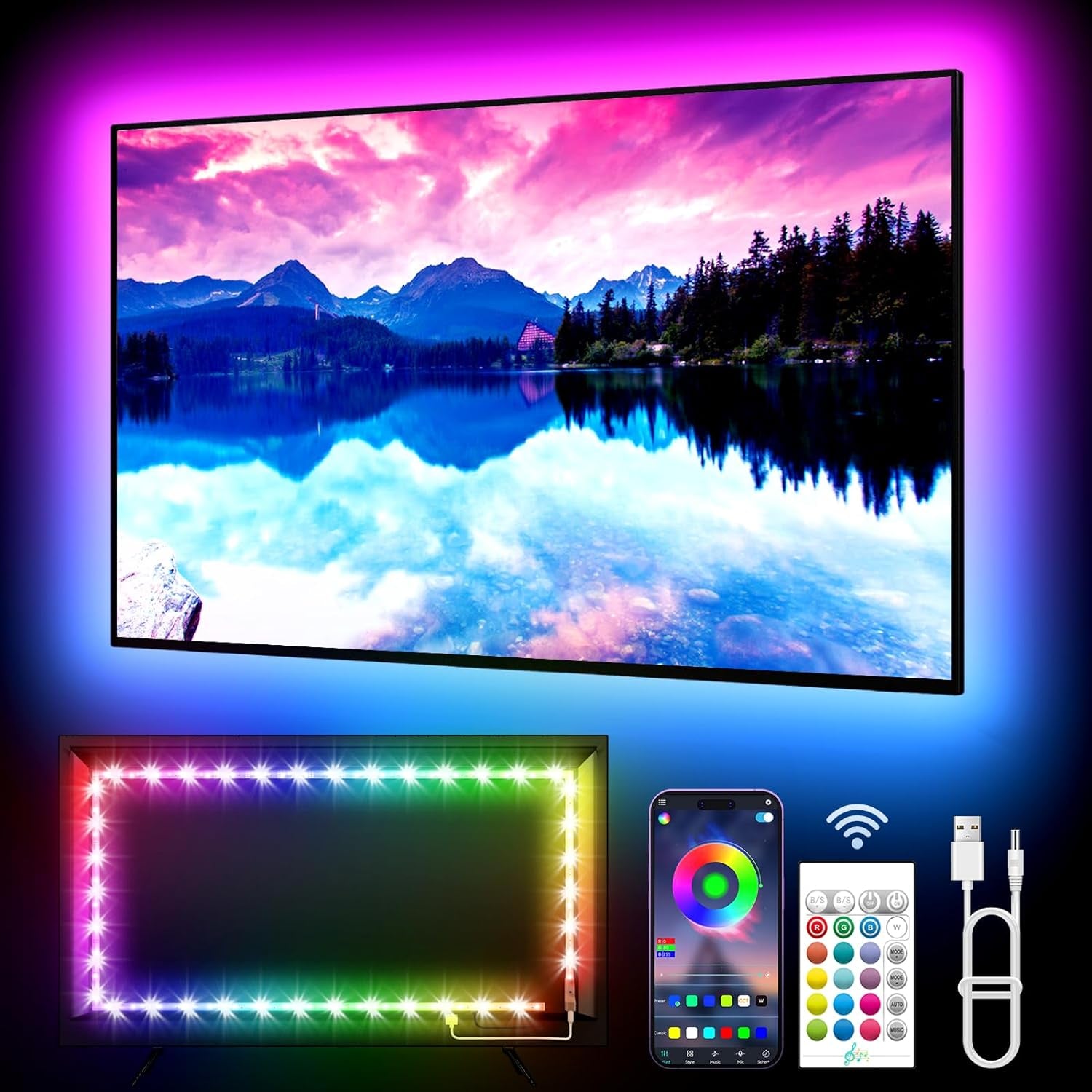 LED Lights for TV, 16.4Ft TV LED Lights for 45-75 Inch, RGB TV Lights Backlight Behind, Music Sync Bluetooth APP and Remote Control TV LED Strip Lights USB Powered for Bedroom/Gaming
