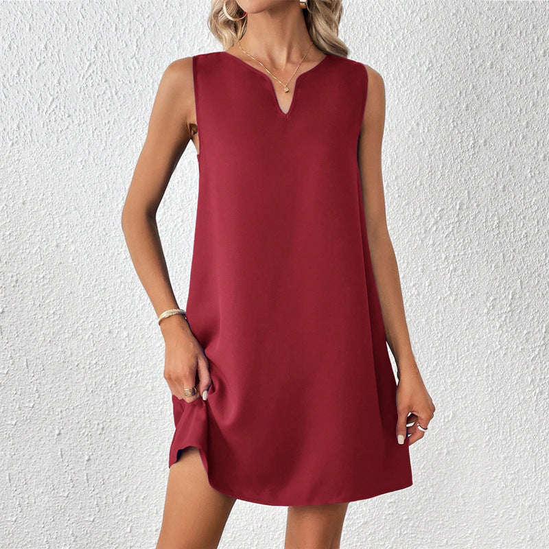 V-neck Solid Color Fashion Vest Dress - VINE GLOBAL