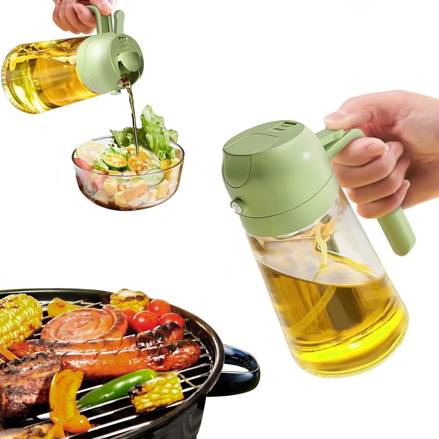 Oil Sprayer for Cooking, 2 in 1 Olive Oil Dispenser Bottle for Kitchen, 16Oz/470Ml Premium Glass Oil Bottle, Food-Grade Oil Mister for Air Fryer, Salad, Frying, BBQ (Creamy White)