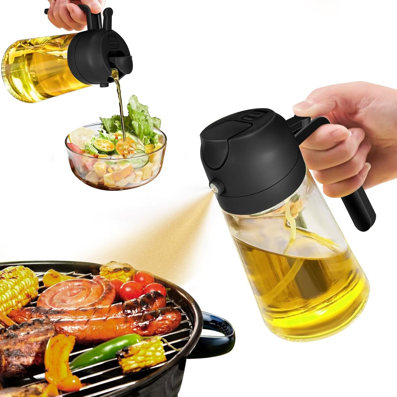Oil Sprayer for Cooking, 2 in 1 Olive Oil Dispenser Bottle for Kitchen, 16Oz/470Ml Premium Glass Oil Bottle, Food-Grade Oil Mister for Air Fryer, Salad, Frying, BBQ (Creamy White)