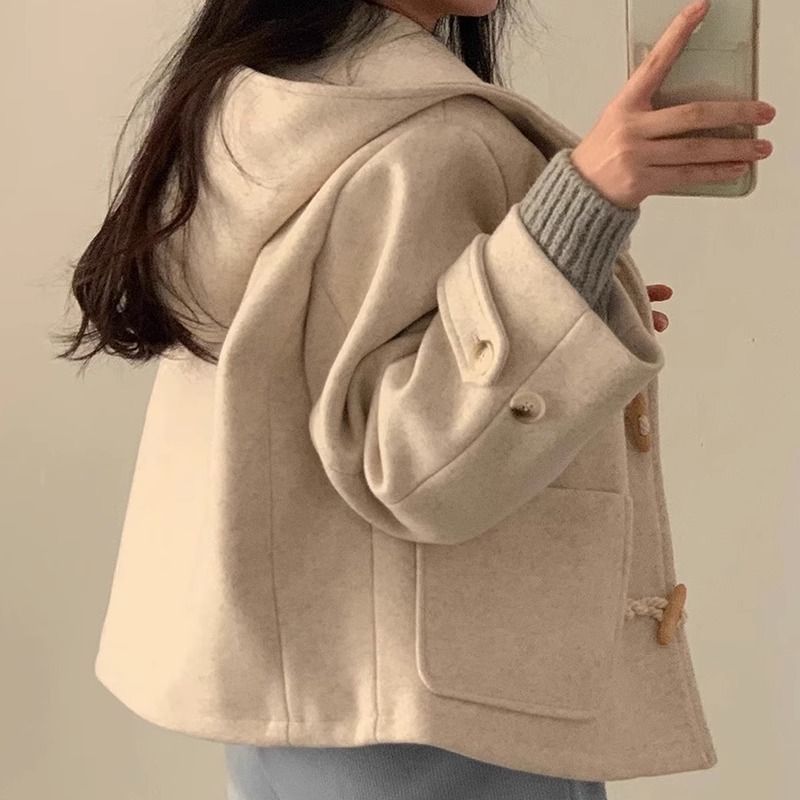 Horn Button Design Large Pocket Loose Versatile Hooded Woolen Short Coat - VINE GLOBAL