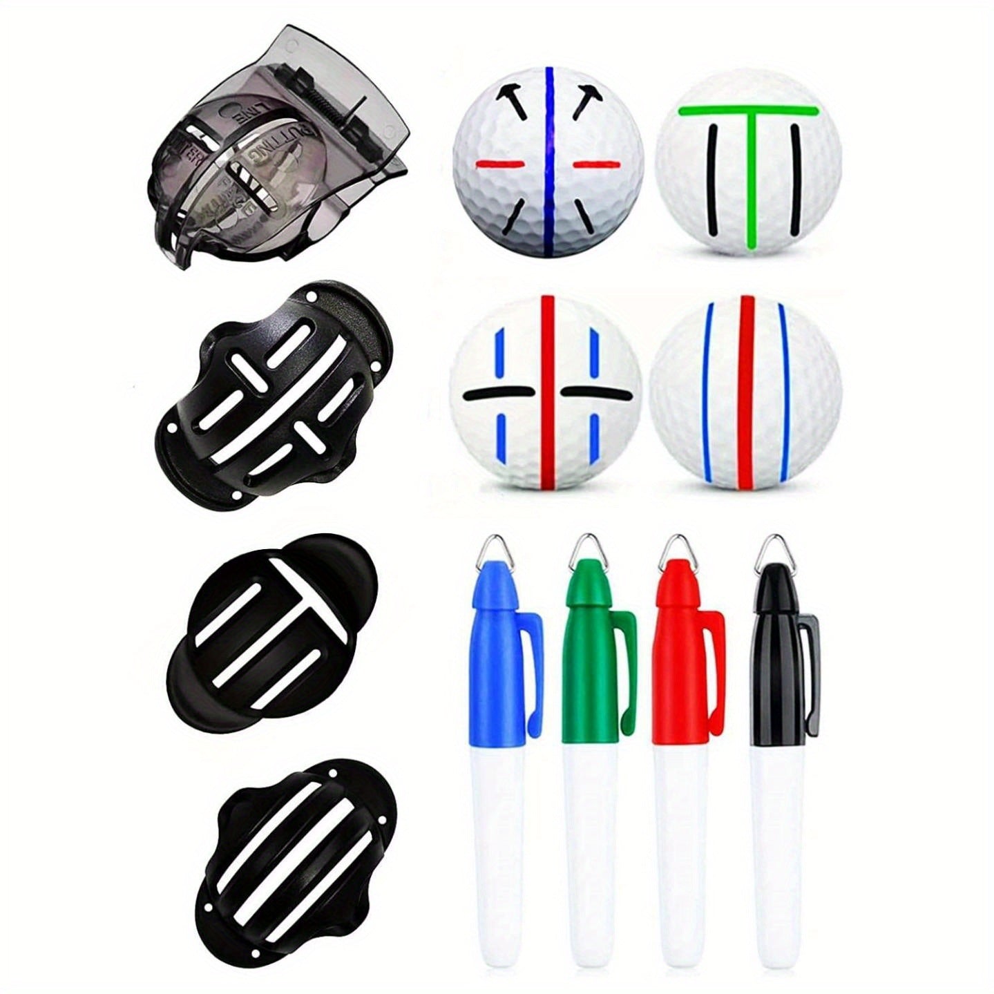 8pcs Precision Golf Ball Marker; 4 Golf Ball Marking Stencils And 4 Colors Pens; Golf Ball Line Marker Tool - VINE GLOBAL