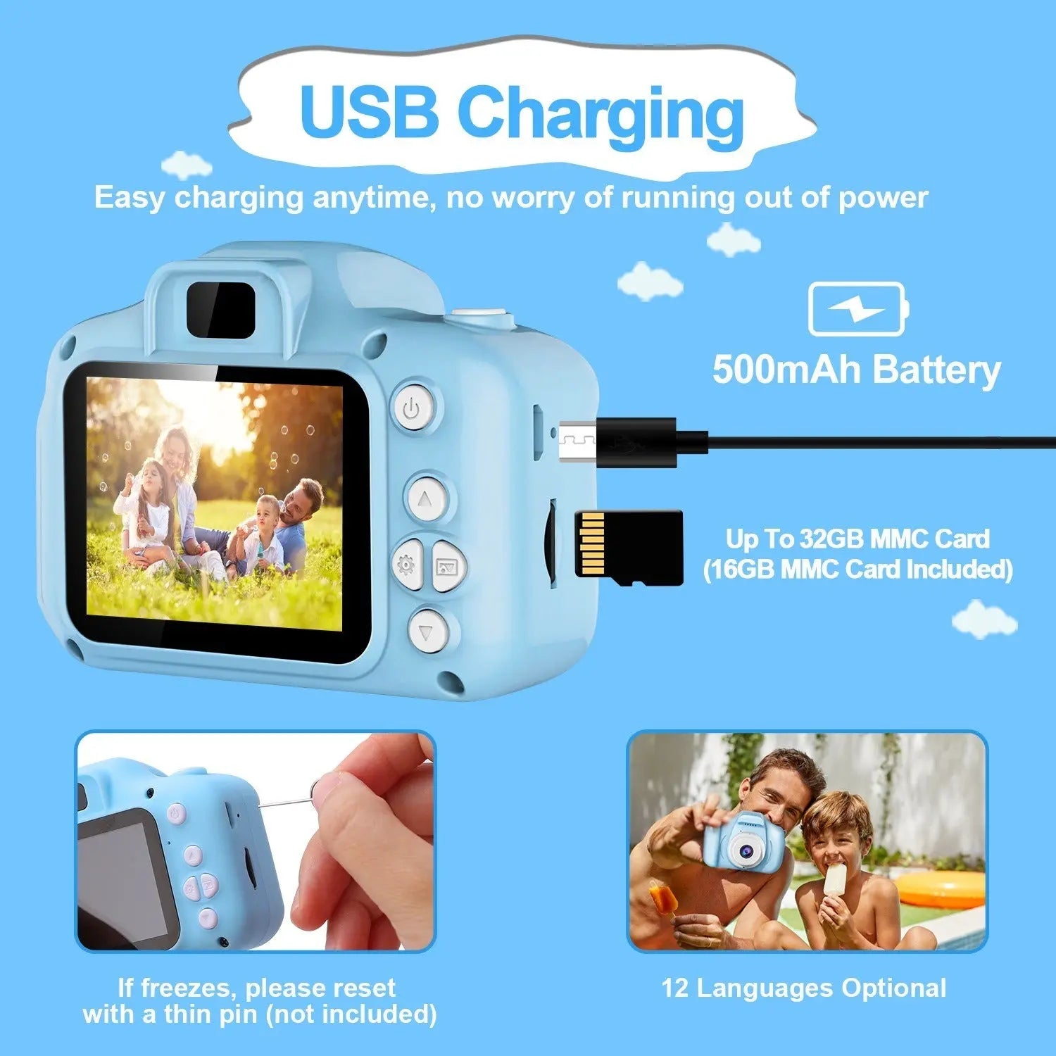 Kids Digital Camera w/ 2.0' Screen 12MP 1080P FHD Video Camera 4X Digital Zoom Games - VINE GLOBAL