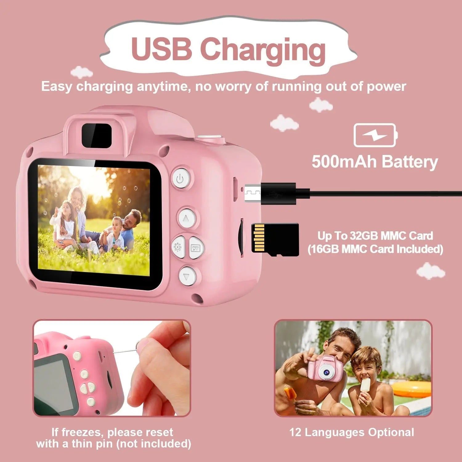 Kids Digital Camera w/ 2.0' Screen 12MP 1080P FHD Video Camera 4X Digital Zoom Games - VINE GLOBAL