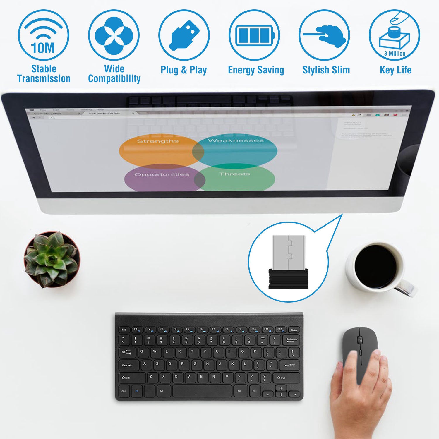 Wireless Keyboard and Mouse 2.4GHz Multimedia Mini Keyboard Mouse Combos USB Receiver - VINE GLOBAL