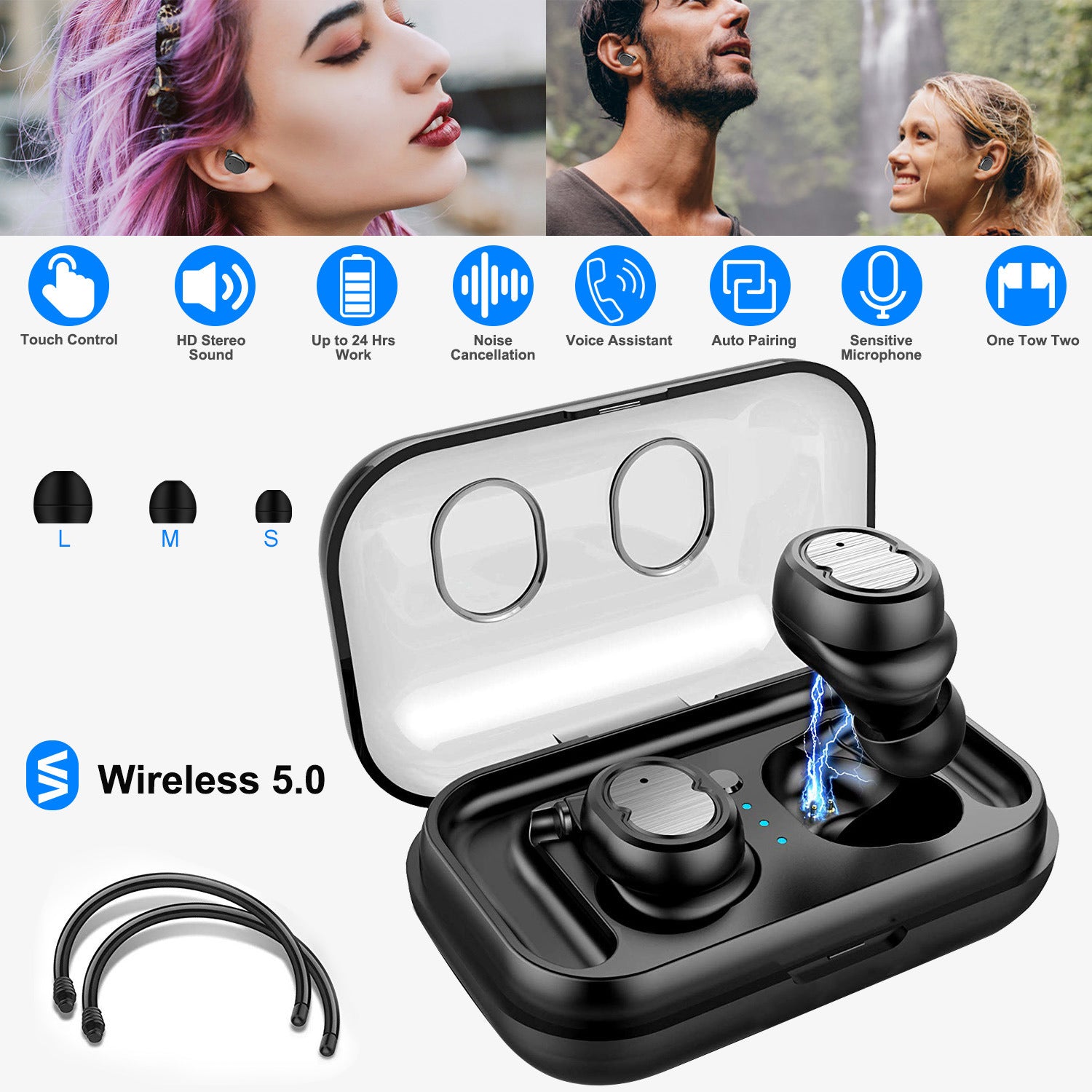 TWS Wireless 5.0 Earbuds IPX4 Touch In-Ear Stereo Earphone Noise Canceling Earpieces 32.8 ft Transmission Range - VINE GLOBAL