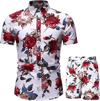 Men's Flower 2 Piece Tracksuit Shirt Casual Hawaiian Short Sleeve Shirts and Pants Suit - VINE GLOBAL