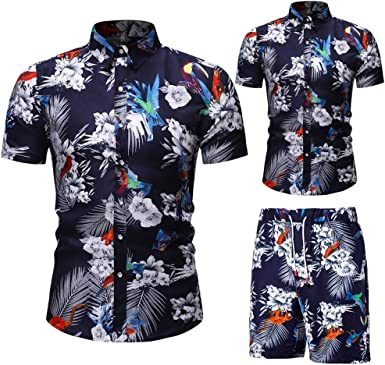 Men's Flower 2 Piece Tracksuit Shirt Casual Hawaiian Short Sleeve Shirts and Pants Suit - VINE GLOBAL