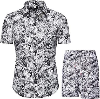 Men's Flower 2 Piece Tracksuit Shirt Casual Hawaiian Short Sleeve Shirts and Pants Suit - VINE GLOBAL